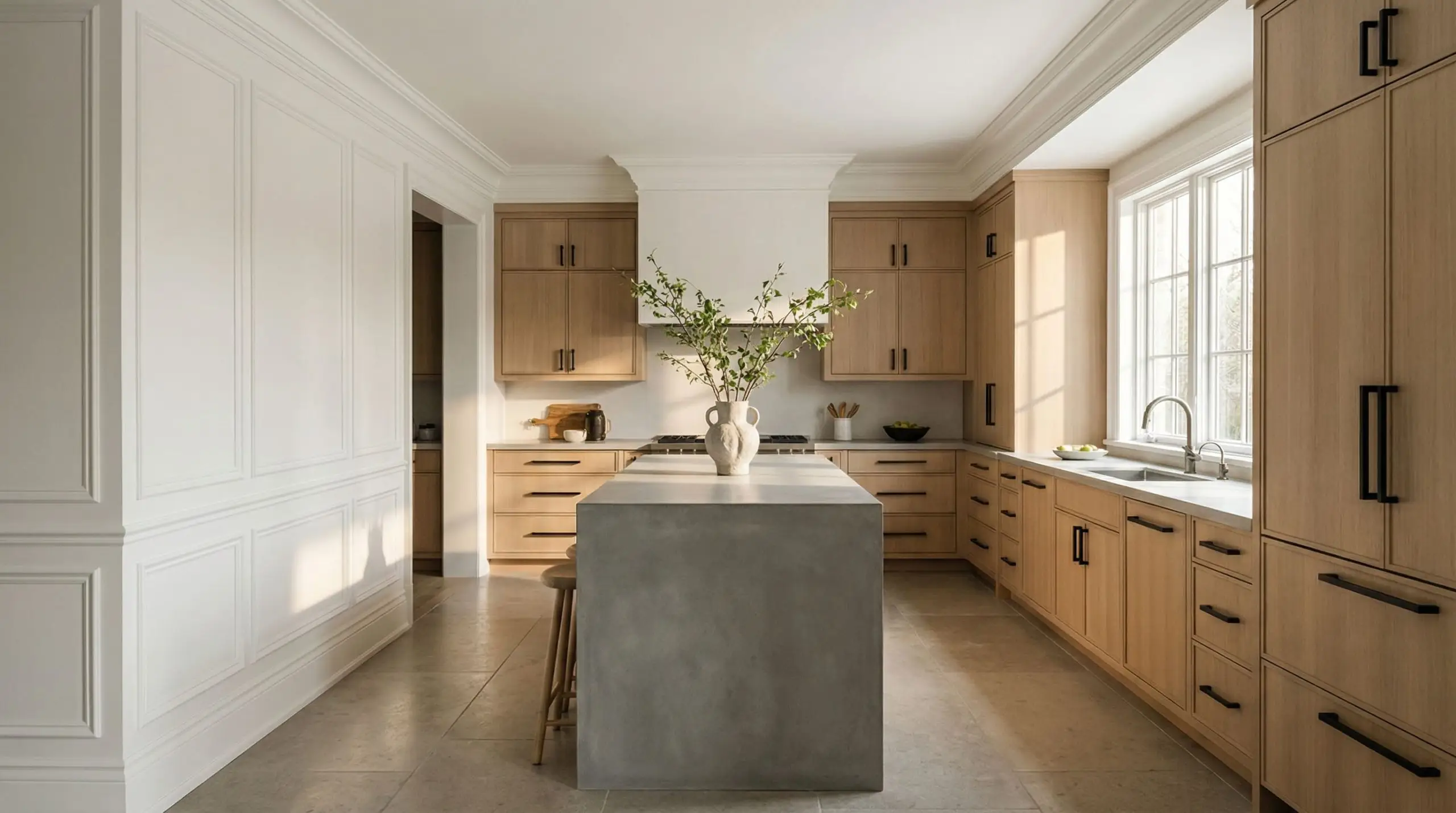 Heavy traditional paneling and thick crown molding contrast sharply with sleek matte black hardware and a concrete island.
