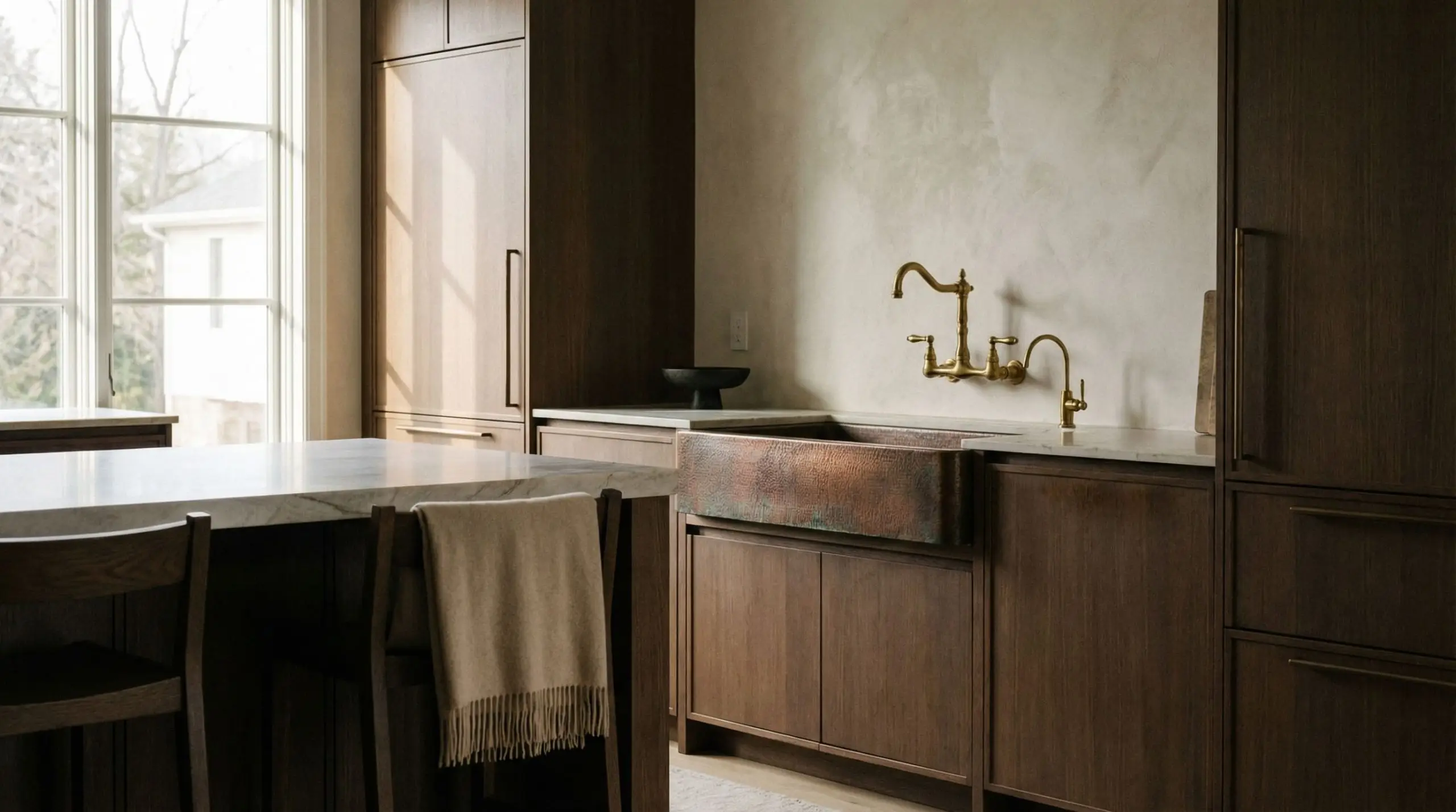 Stark flat-panel doors and integrated appliances frame an ornate aged copper farmhouse sink with curving plumbing fixtures.