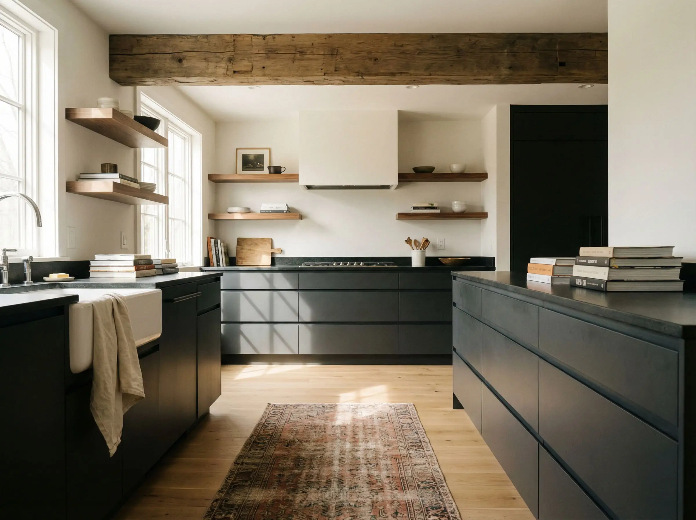 Flat-panel cabinets and minimalist floating shelves contrast with a reclaimed timber ceiling beam and vintage rug.