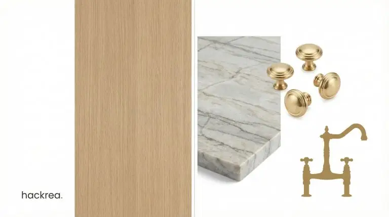 A moodboard contrasts flat-panel white oak cabinetry with a quartzite slab, unlacquered brass knobs, and a bridge faucet.