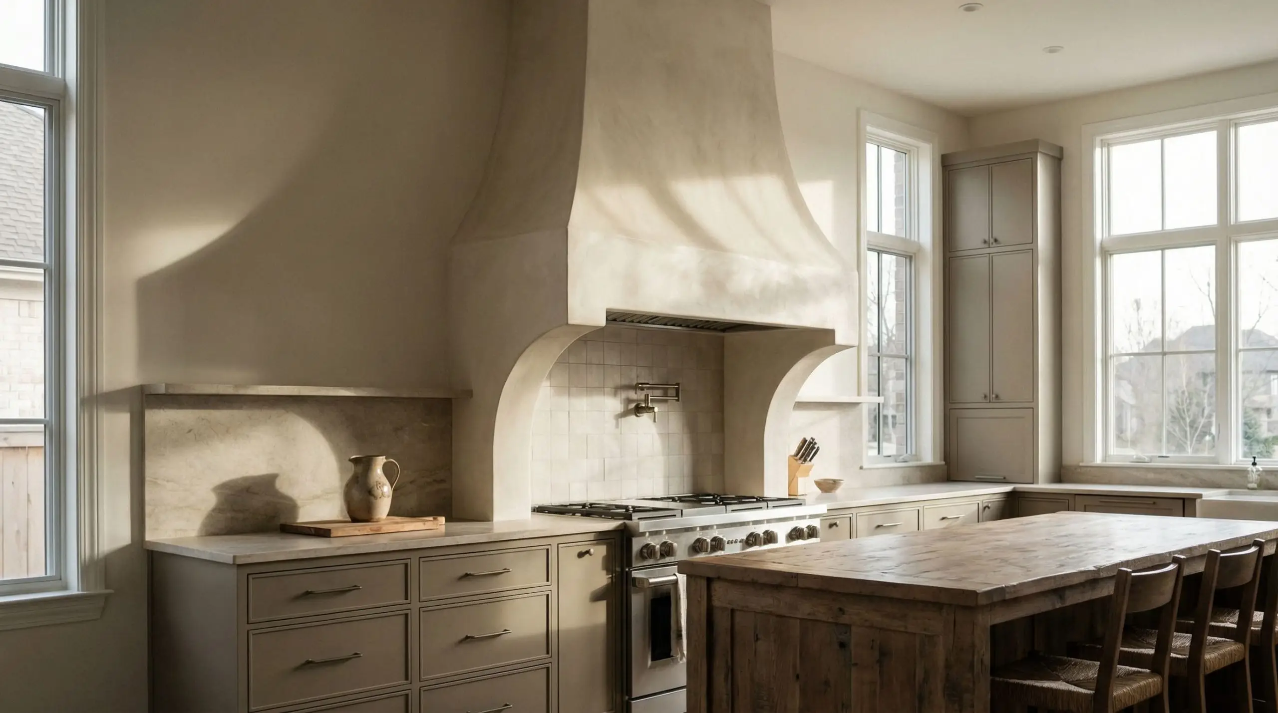 A tapered plaster range hood with a sweeping modern shape anchors a kitchen with sleek muddy neutral cabinetry.