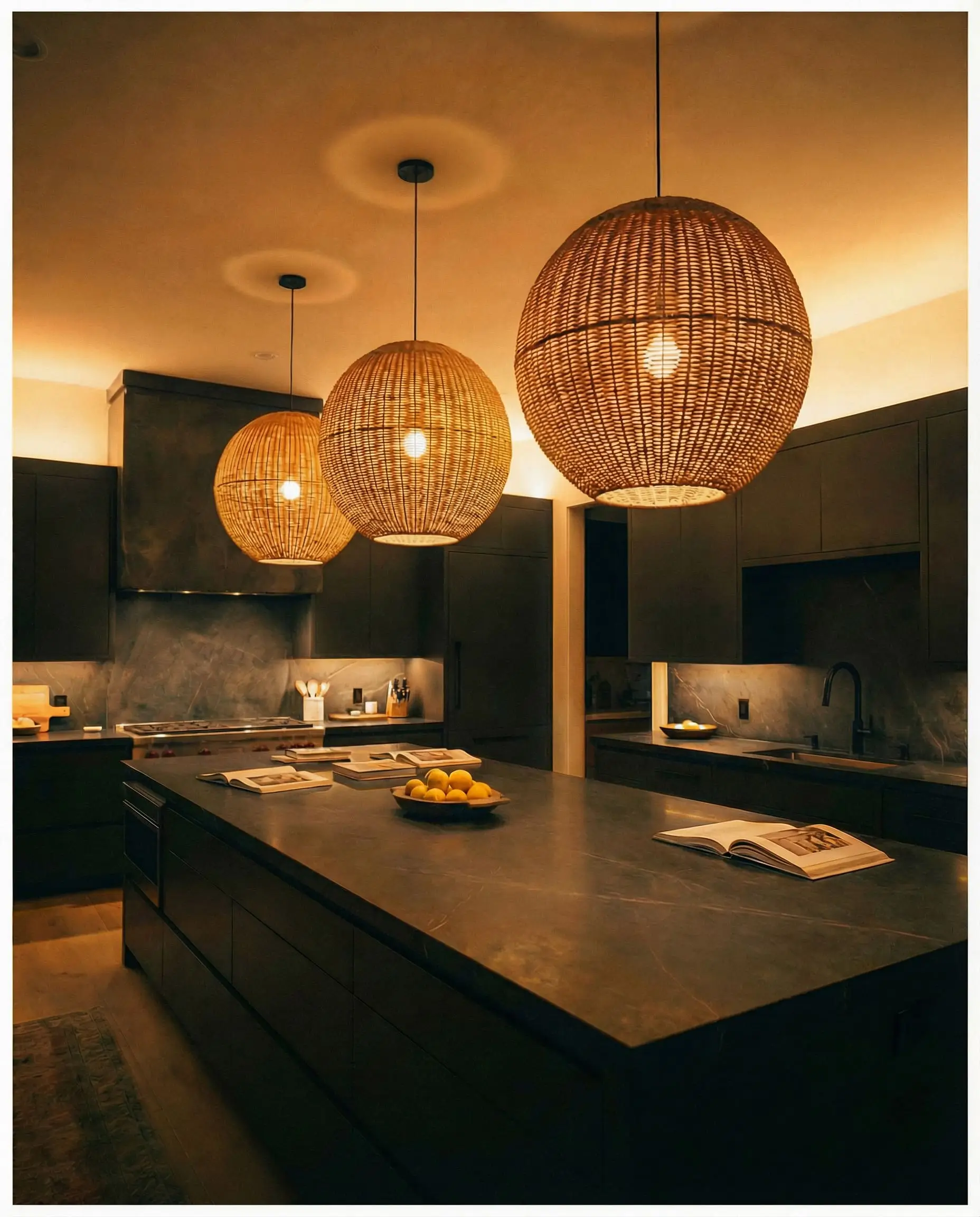 Large woven rattan transitional kitchen lighting fixtures hang above a modern center island with cold stone counters.