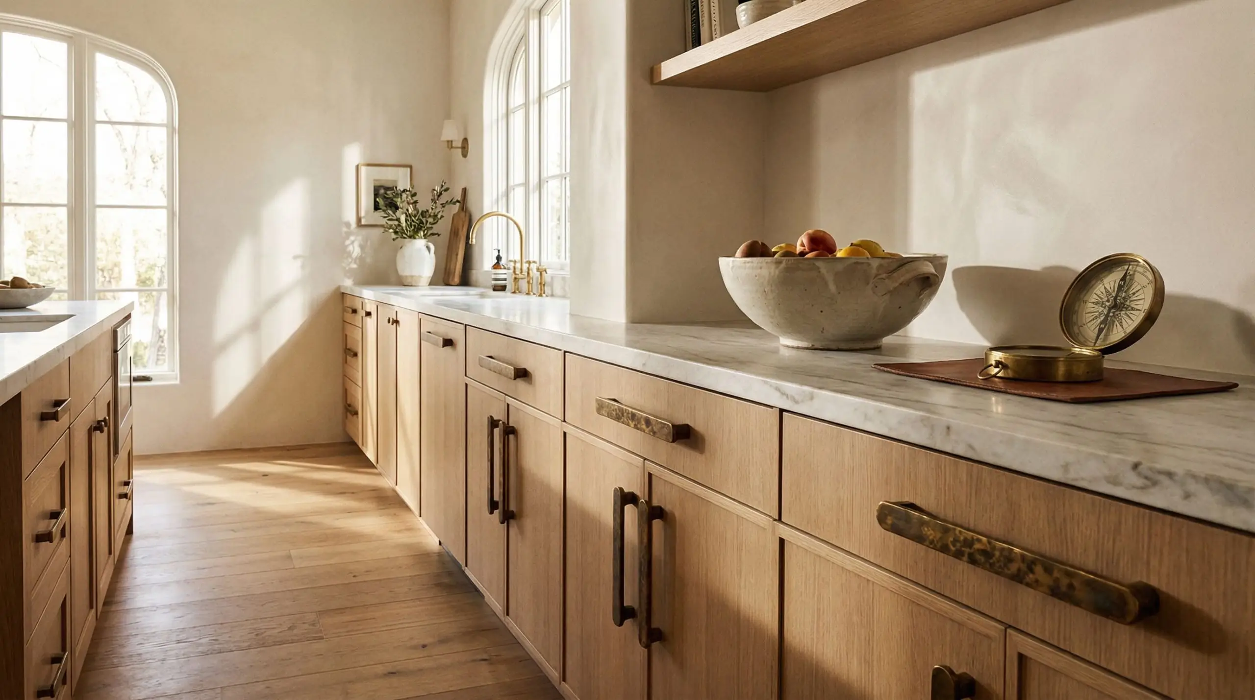 Heavy unlacquered brass hardware with a rich patina accents sleek modern flat-panel oak cabinets against a plaster wall.