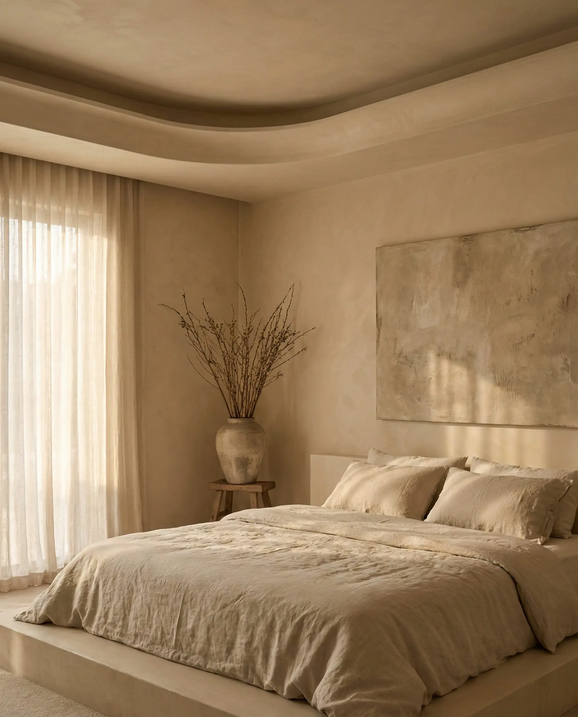 Serene Japandi-style bedroom featuring monochromatic beige walls and a soft cove crown molding profile that blends into the ceiling.