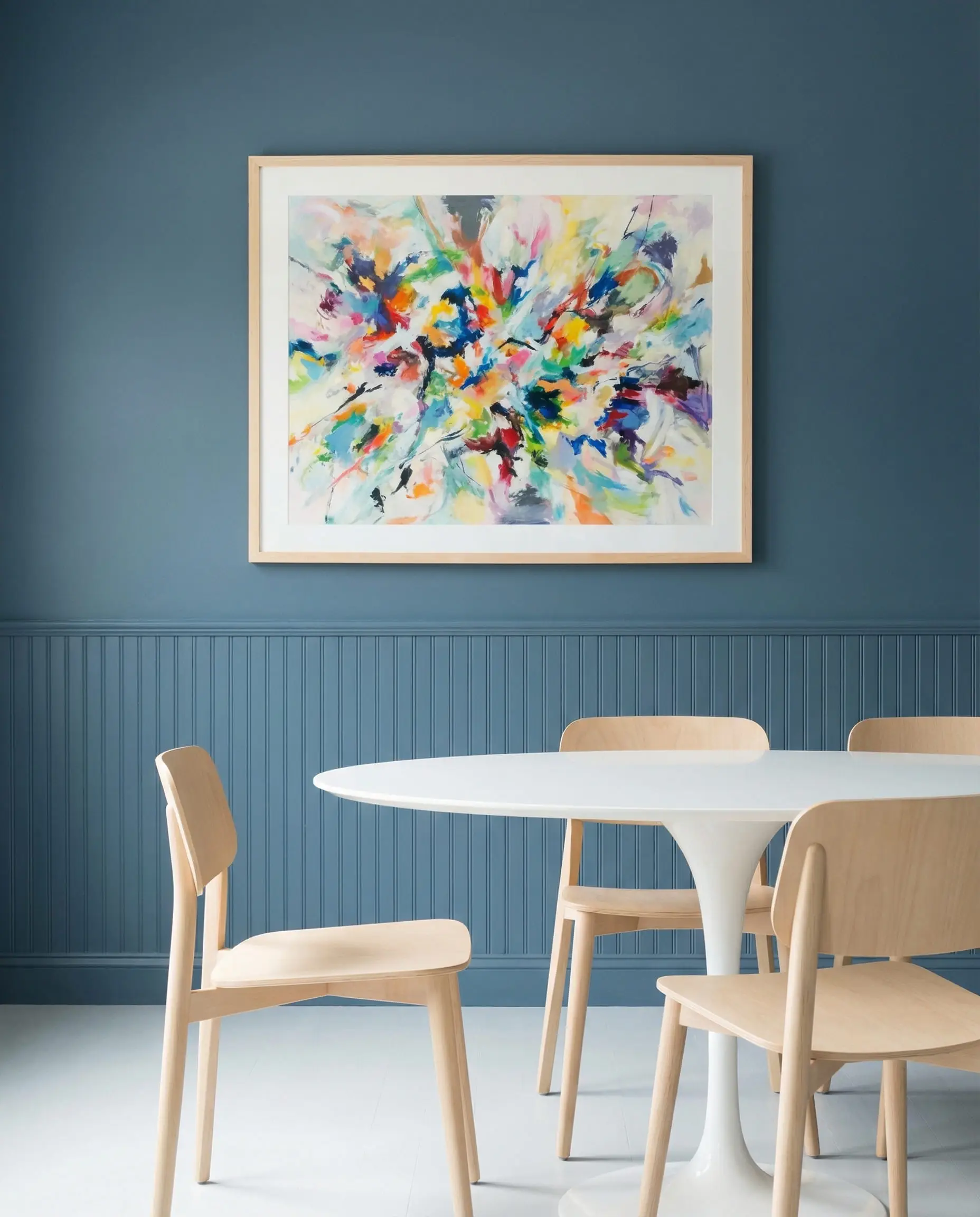 Contemporary dining room with beadboard wainscoting and upper walls painted in the same dusty blue shade for a seamless look.