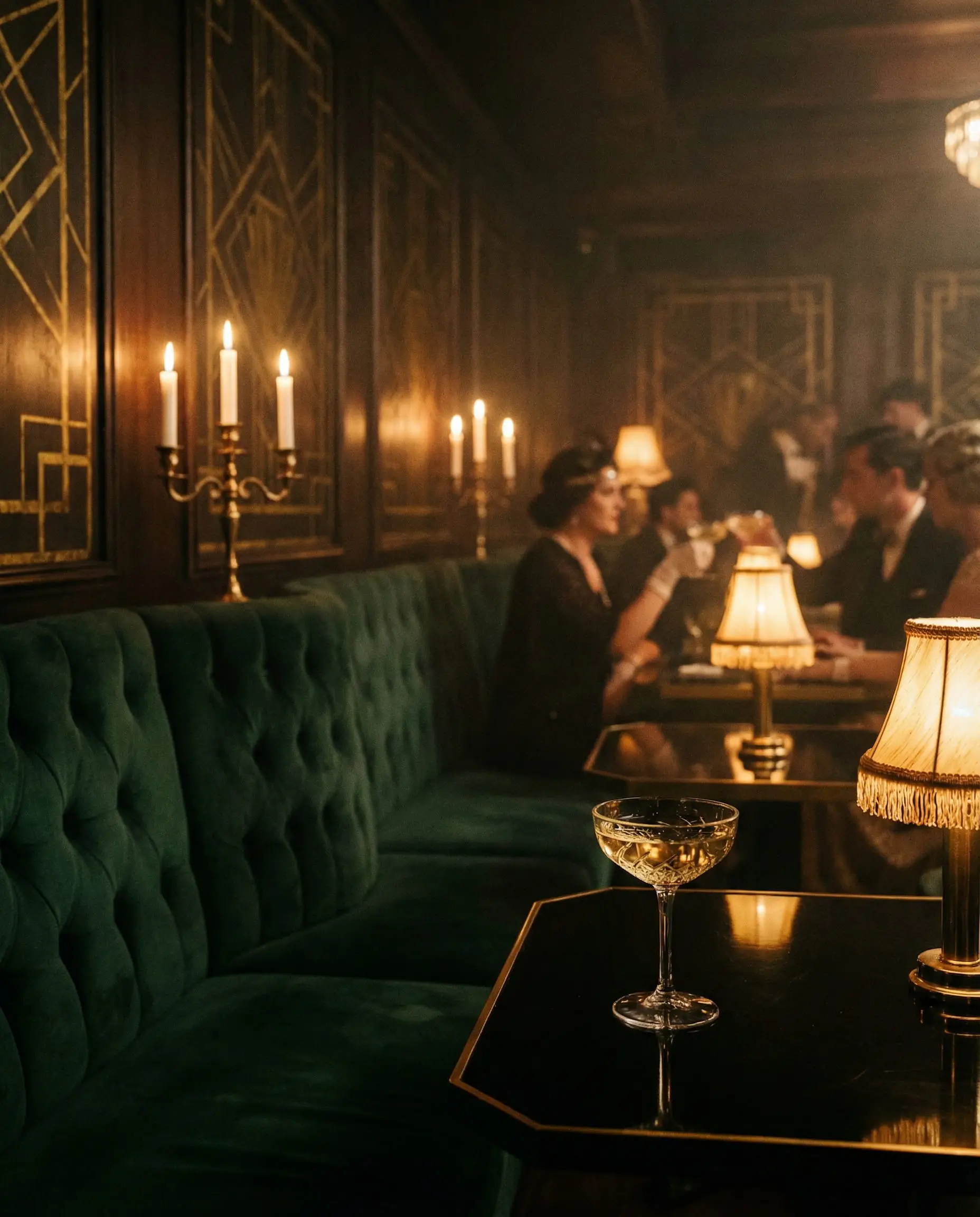Atmospheric interior of a dimly lit 1920s style lounge with deep emerald green banquettes and cinematic shadow play.
