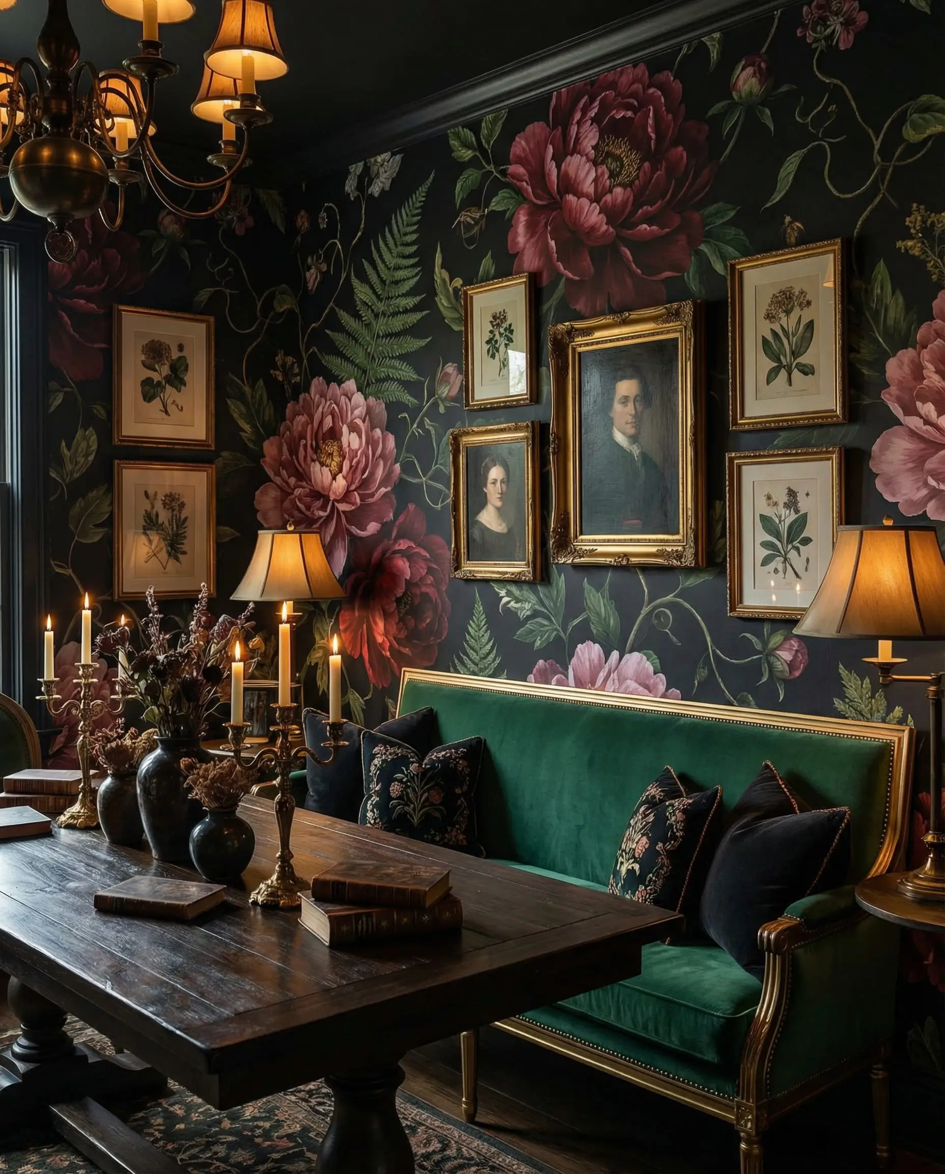 Maximalist dining room featuring oversized botanical floral wallpaper on a black background with an emerald green velvet bench.