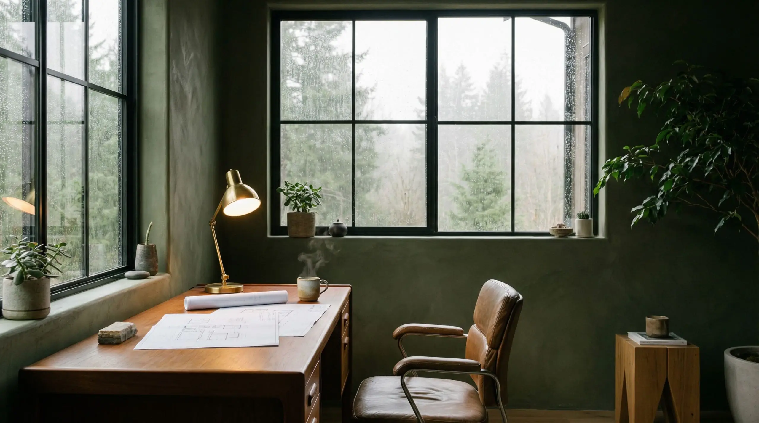 Deep dusty olive green limewash paint colors envelop a calming biophilic home office featuring a vintage teak writing desk and leather chair.