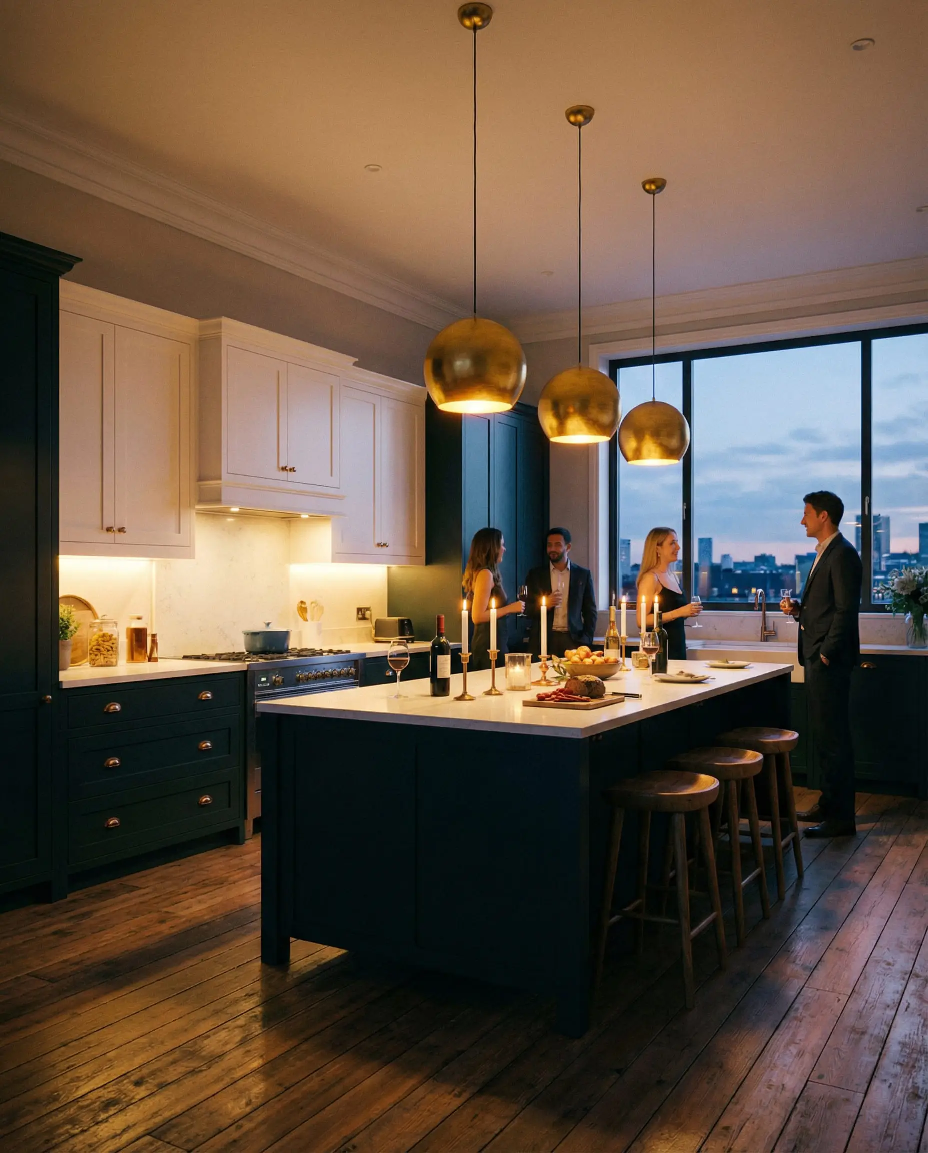 Atmospheric evening shot of a navy and white kitchen lit by gold pendant lights.