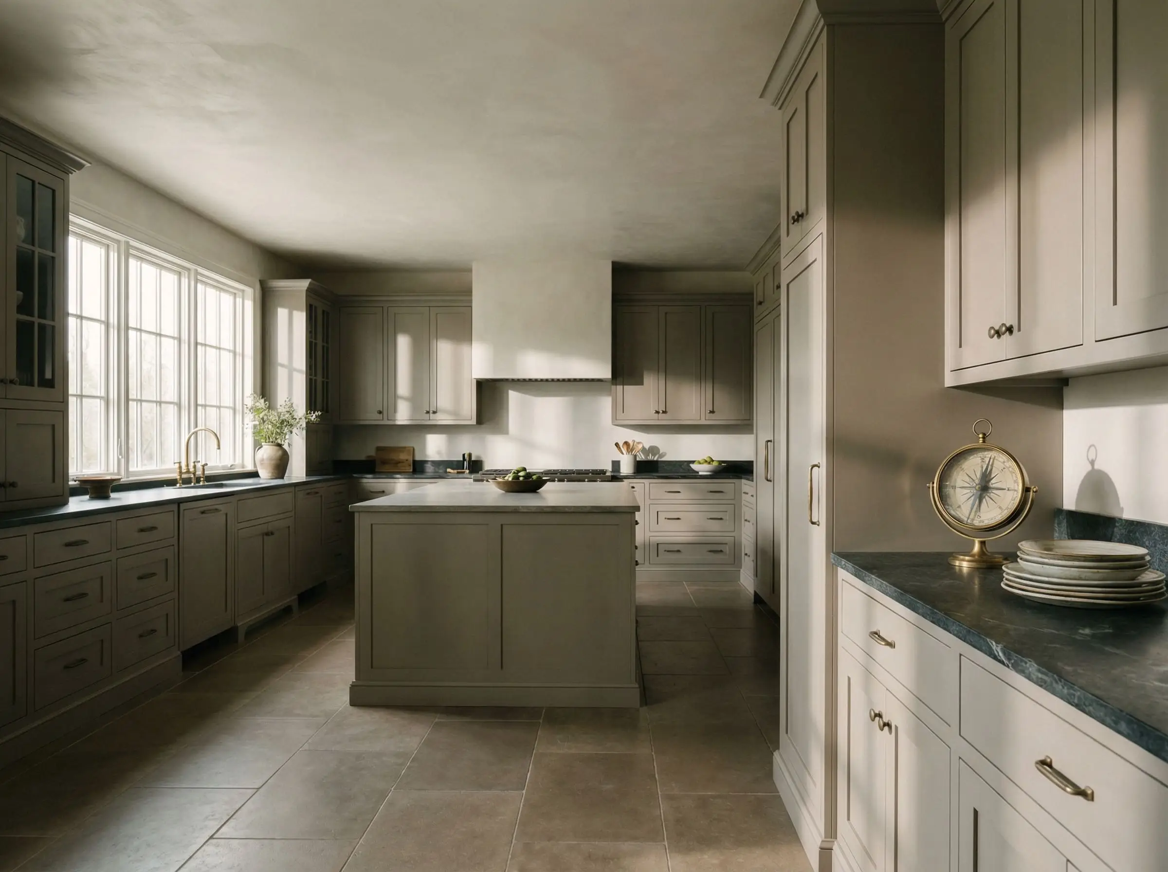 Muddy neutral cabinets in a warm greige tone anchor a minimalist kitchen with matte tile flooring and a plaster ceiling.