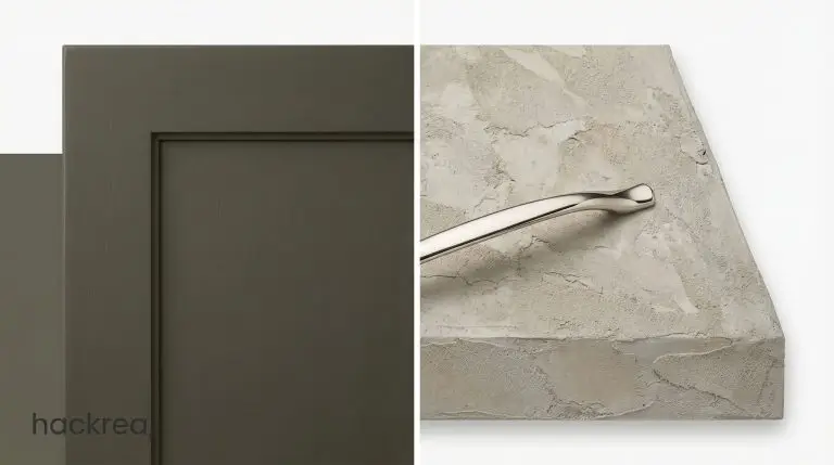 A split moodboard pairs a deep muddy green cabinet door with sleek polished nickel hardware and textured plaster.