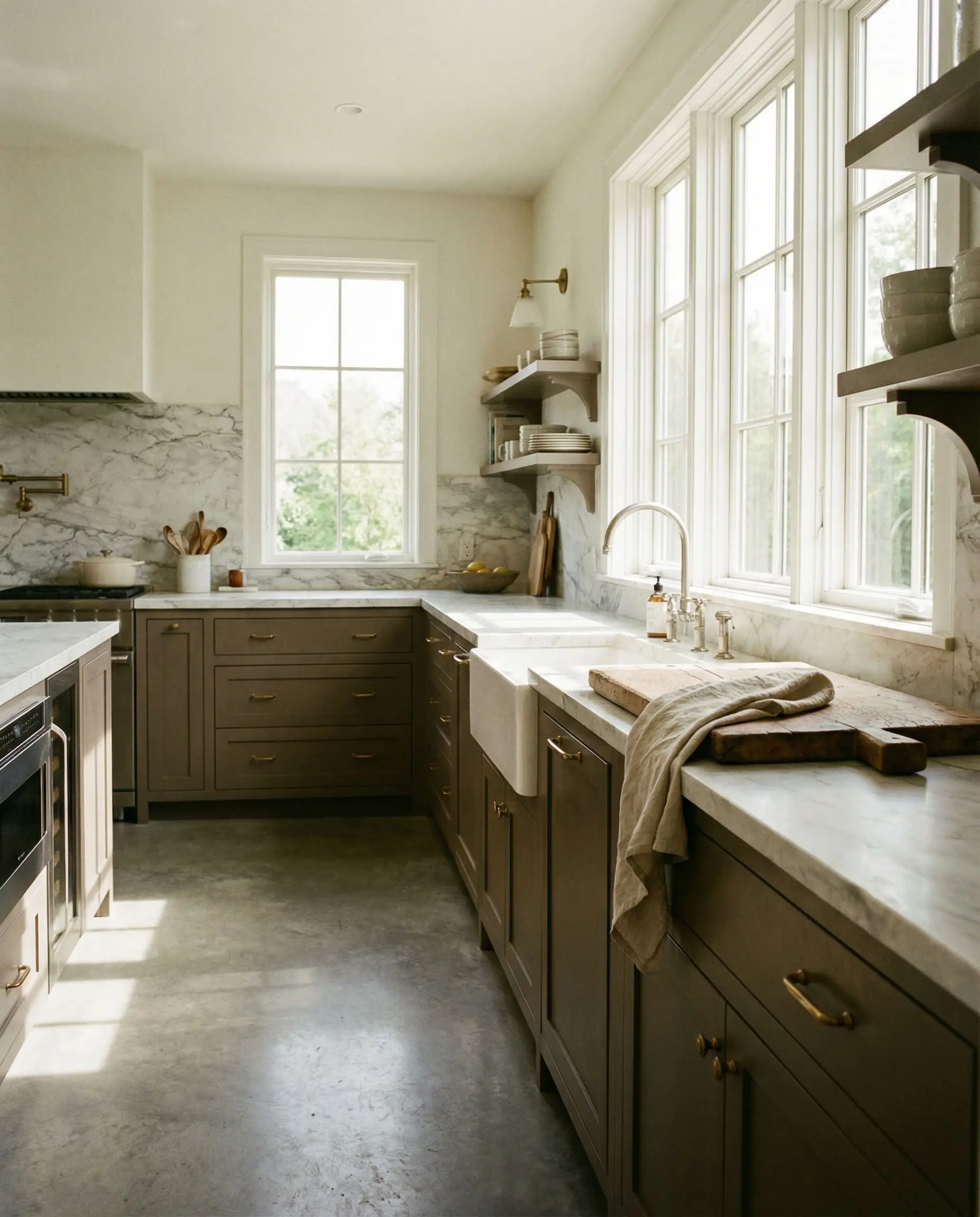Muddy neutral cabinets in a complex earthy tone contrast against a polished concrete floor and sleek marble backsplash.