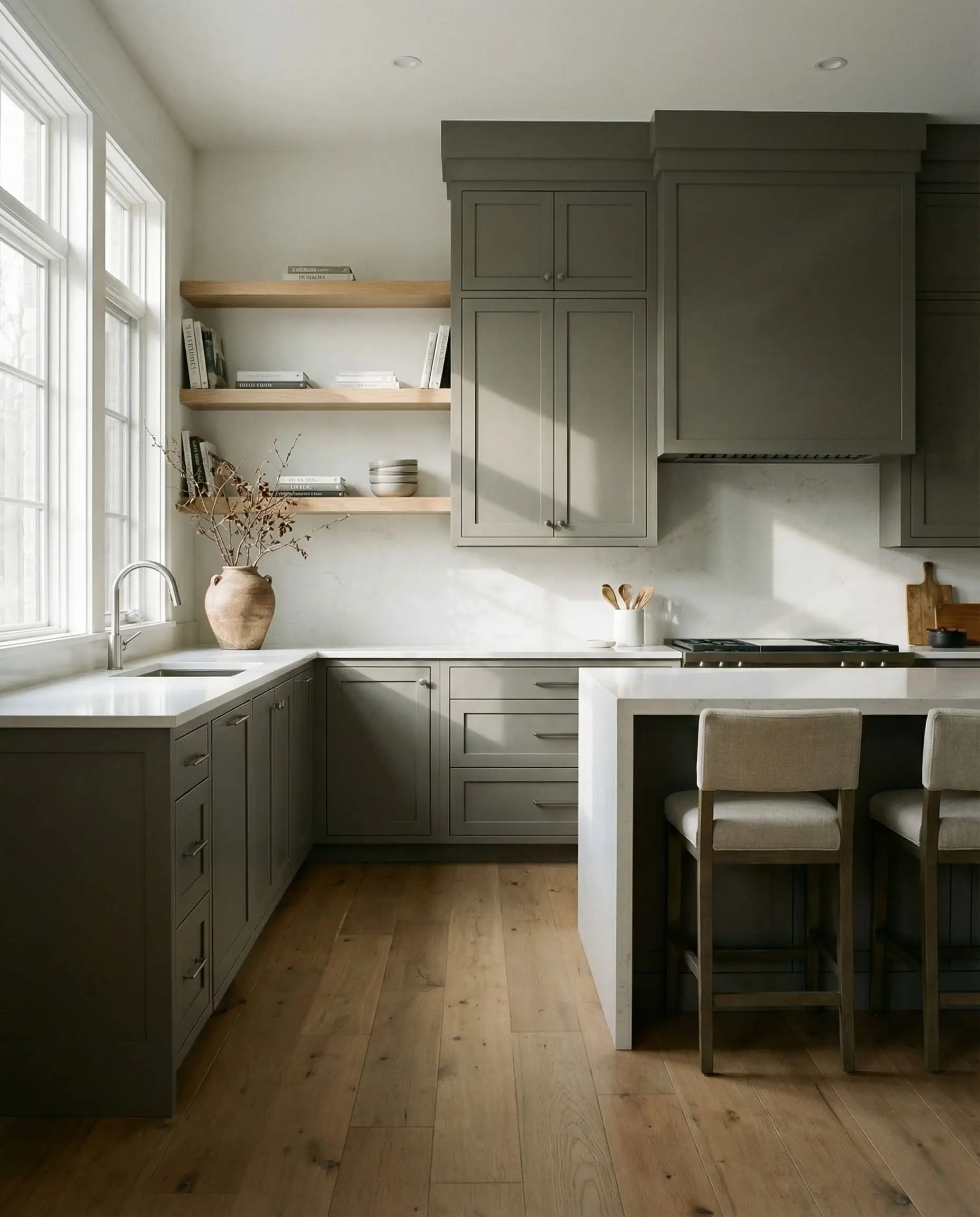 Deep putty-painted cabinets ground sleek modern quartz countertops and minimalist floating shelves in a transitional kitchen.