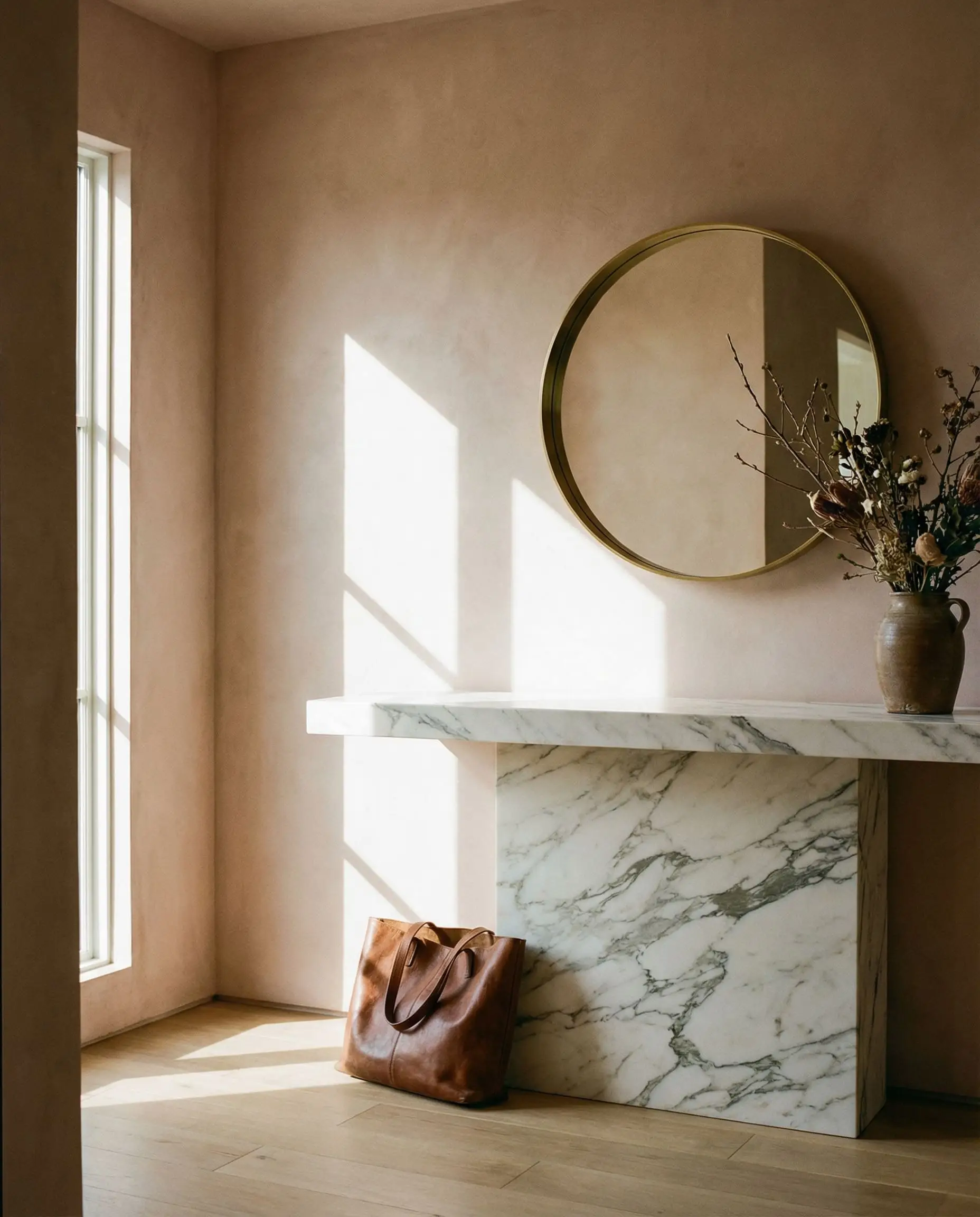 Muted blush roman clay colors create smooth, earthy textured walls in a welcoming entryway hallway featuring a heavily veined Calacatta marble console table.