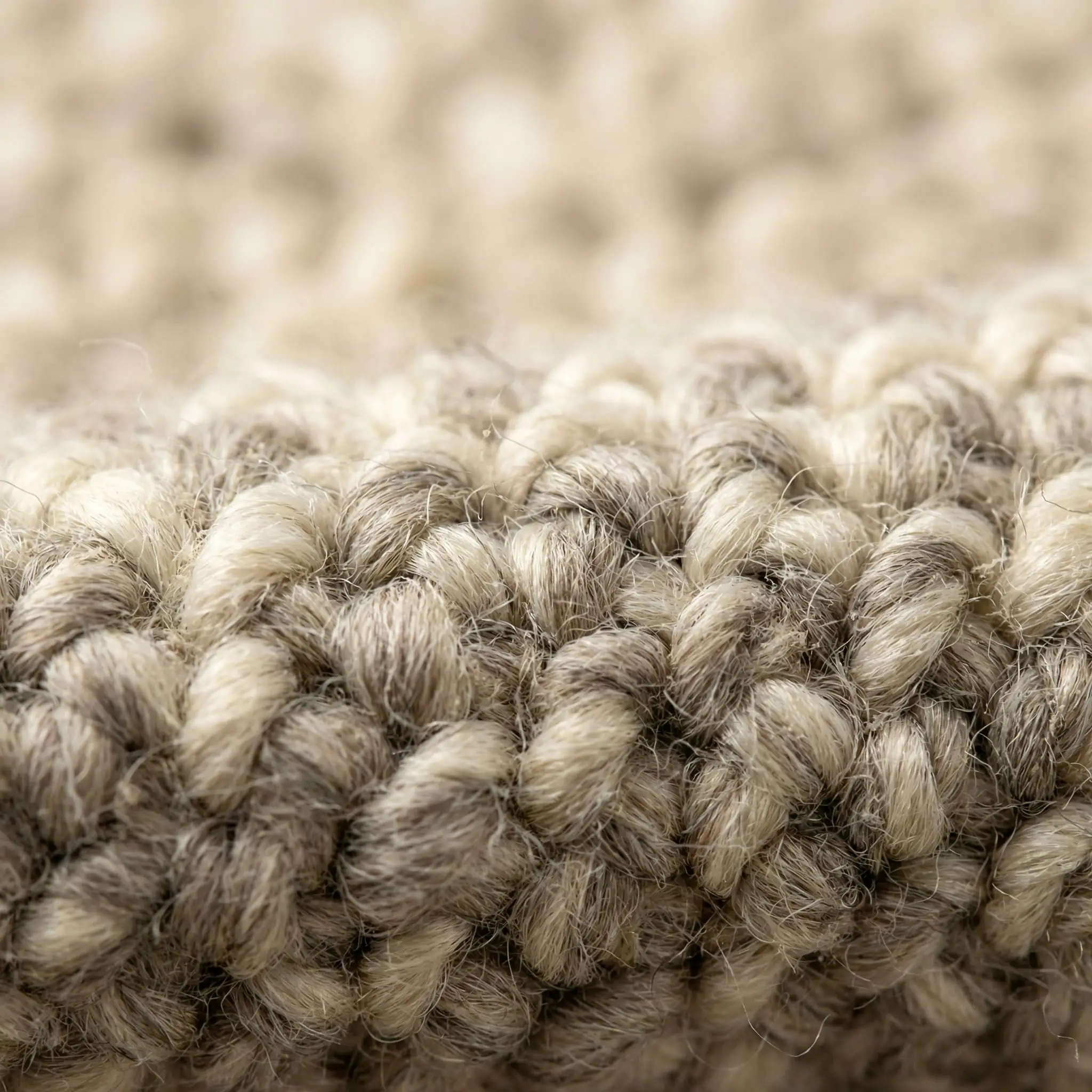 Detailed close-up of a tight, springy heathered wool loop weave blending cream and warm gray tones for a cozy neutral rug.