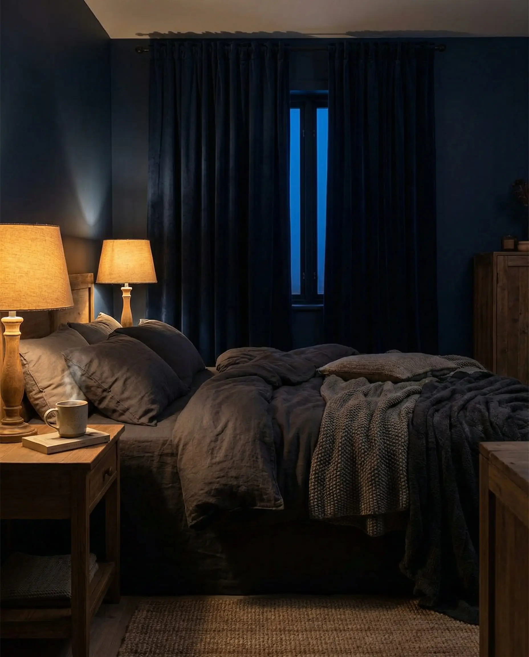Cozy dark bedroom with navy walls and navy blackout velvet curtains.