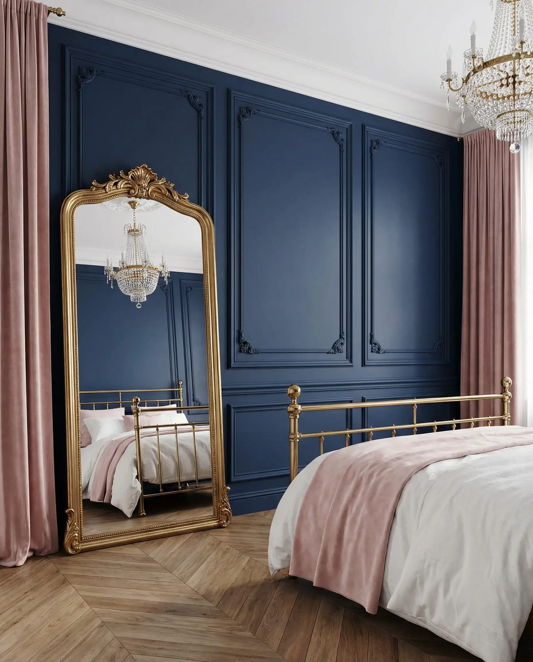 Chic bedroom with navy blue walls and soft blush pink velvet curtains.
