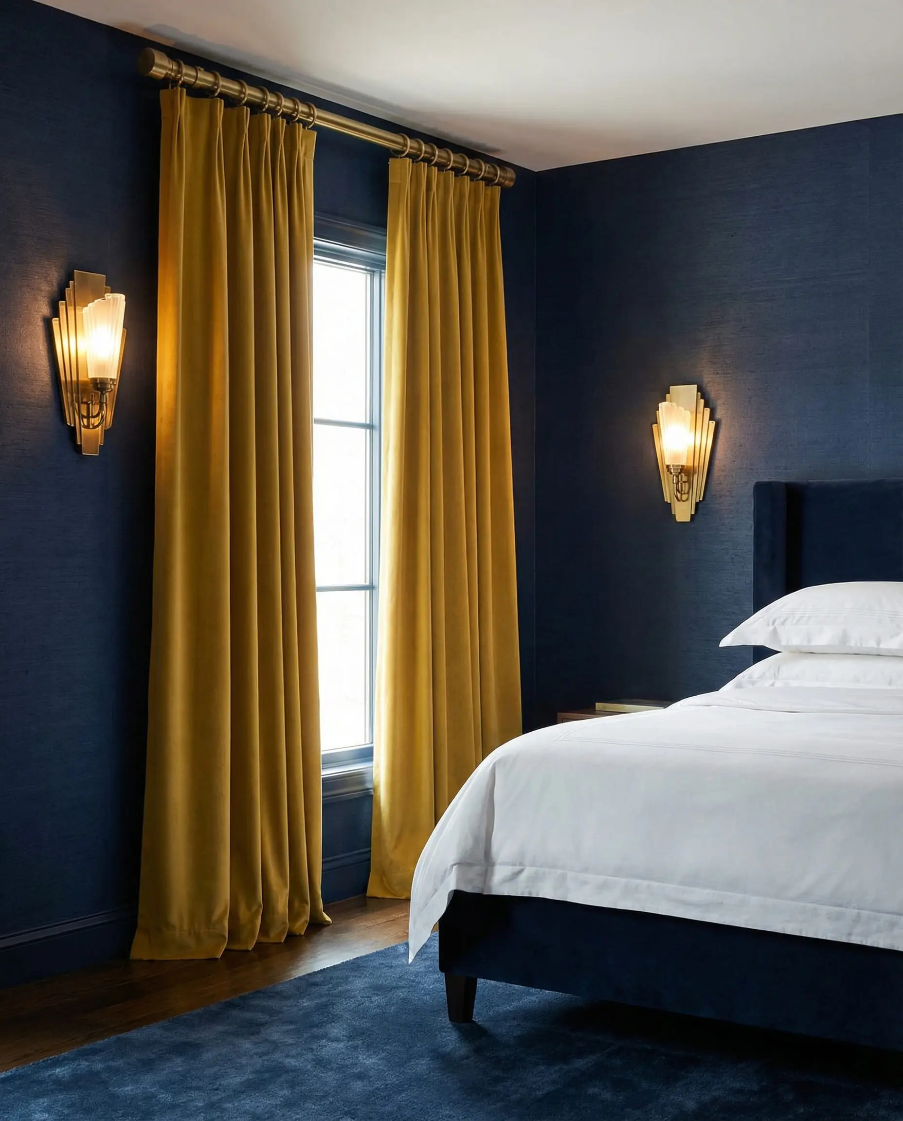 Luxury hotel-style bedroom with navy blue walls and mustard yellow matte velvet curtains.