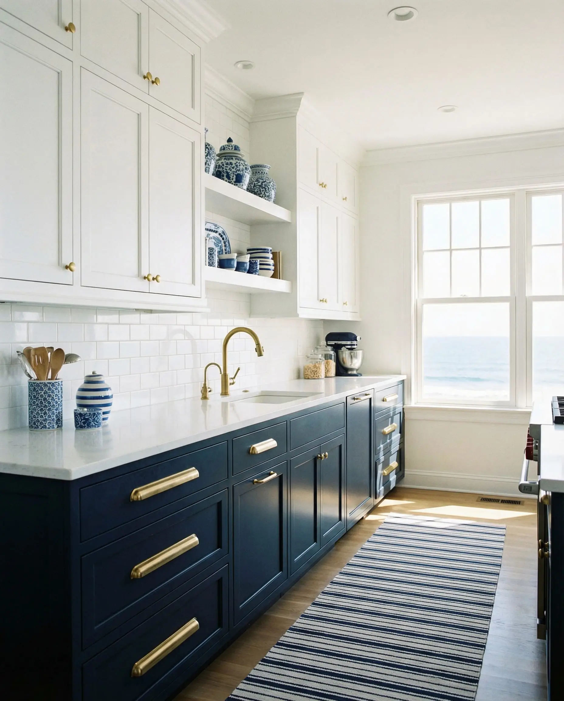 Two-tone kitchen with white upper cabinets, navy blue lower cabinets, and gold hardware.