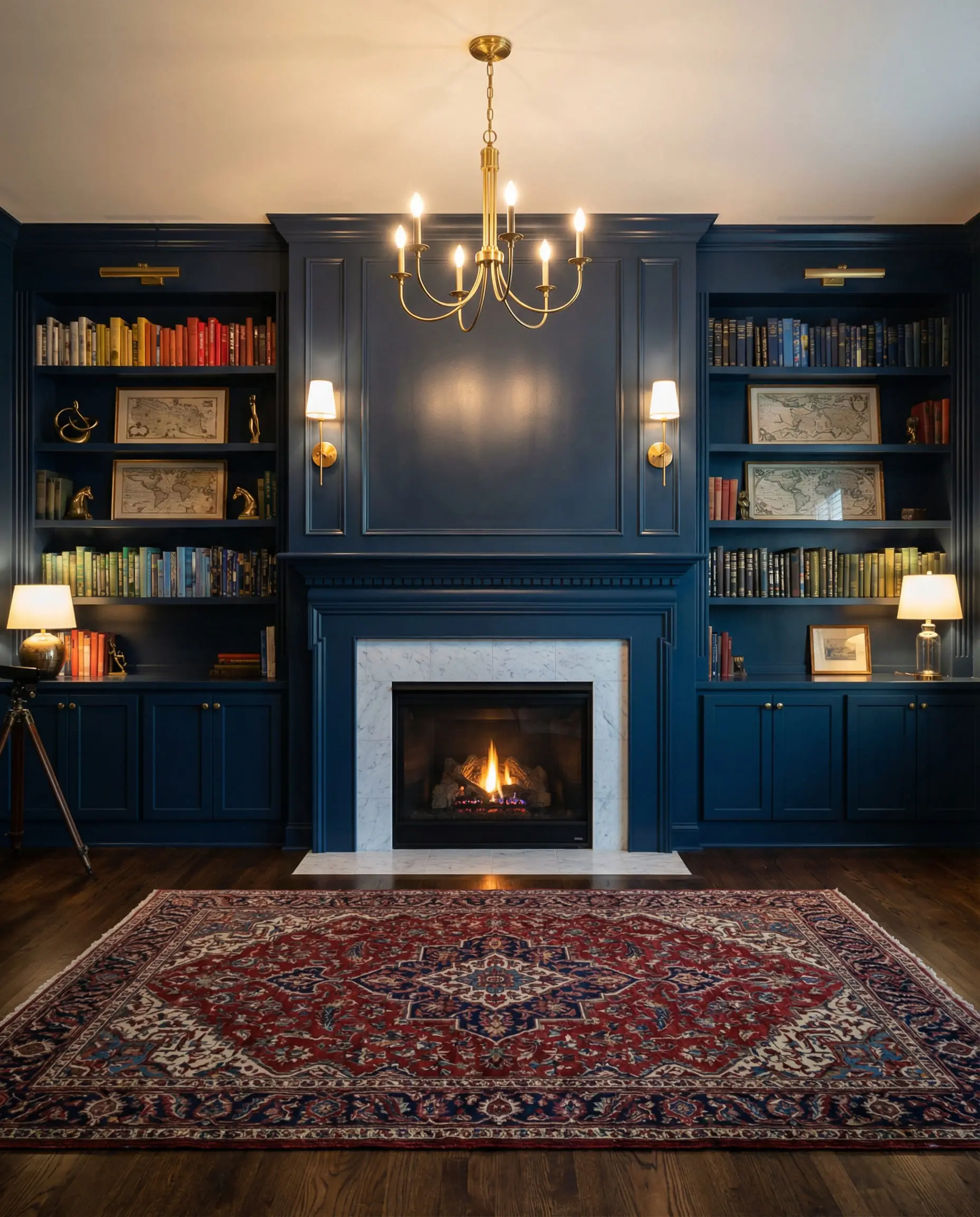 Traditional fireplace surrounded by floor-to-ceiling built-in shelves and millwork painted in deep Hale Navy blue.