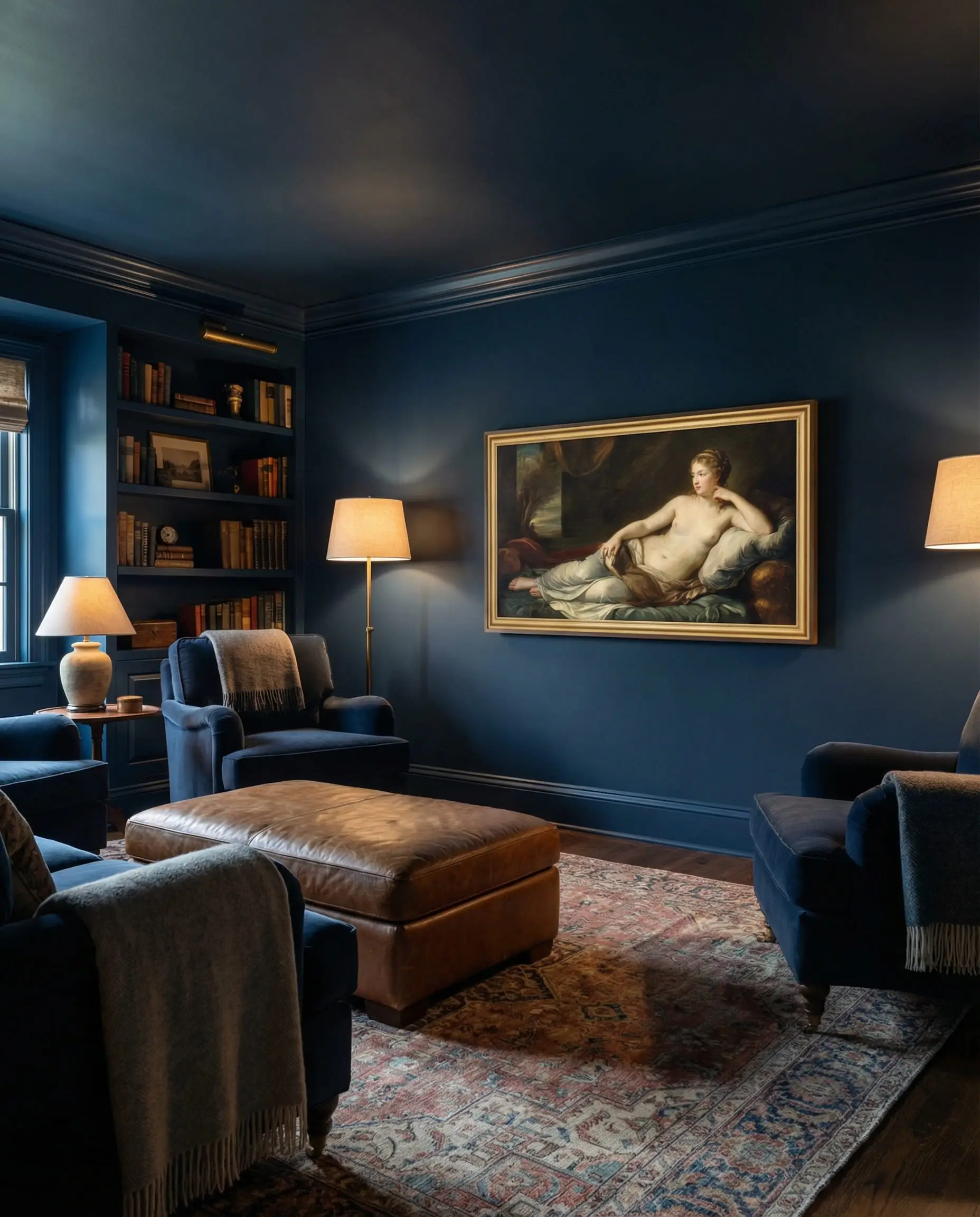 Cozy media room with walls, ceiling, and trim all painted in the same deep navy blue, featuring a Frame TV.