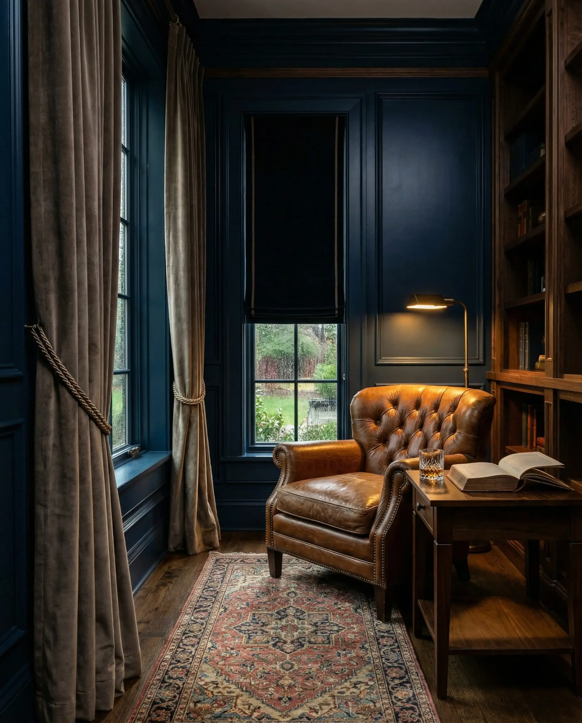 Moody home library featuring navy blue walls and mushroom taupe velvet drapes.