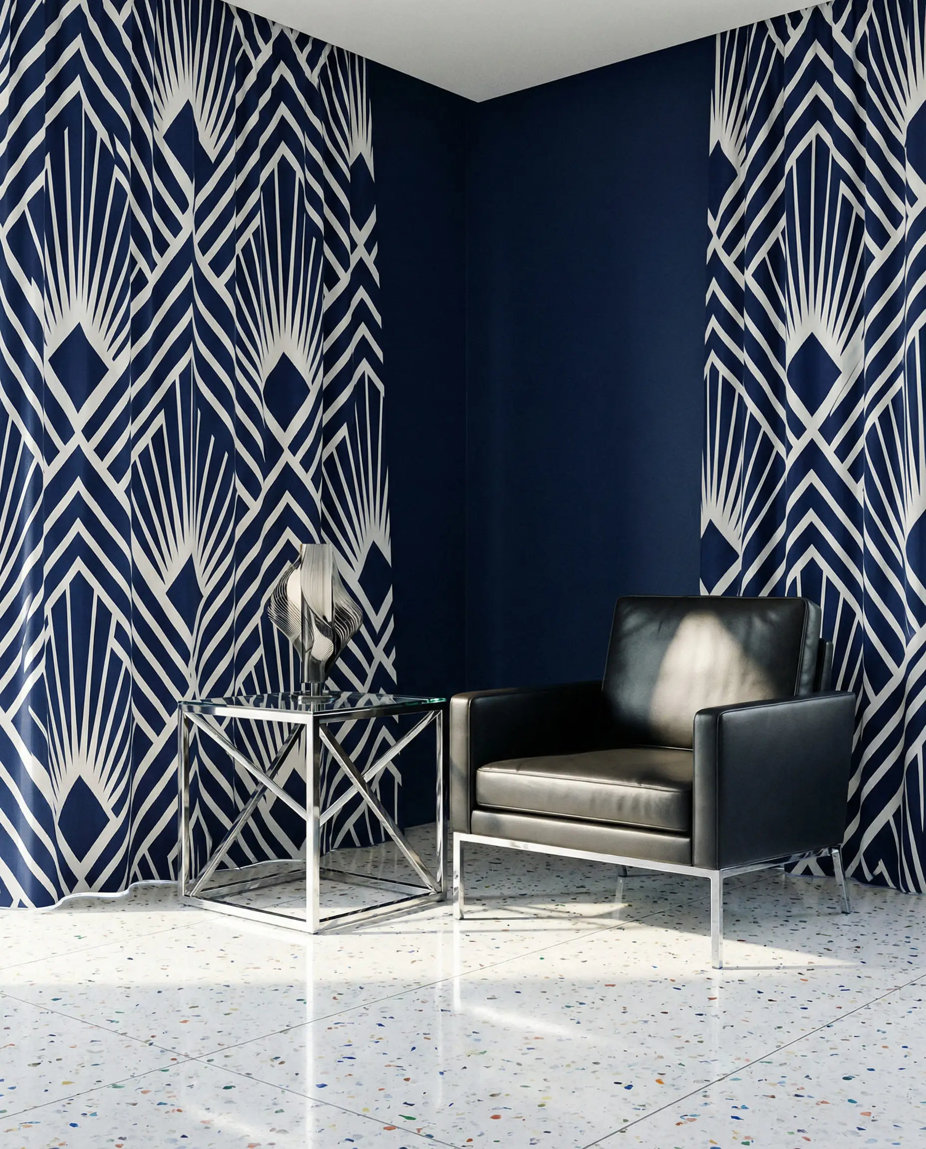 Modern living room with navy walls and geometric patterned navy and white curtains.