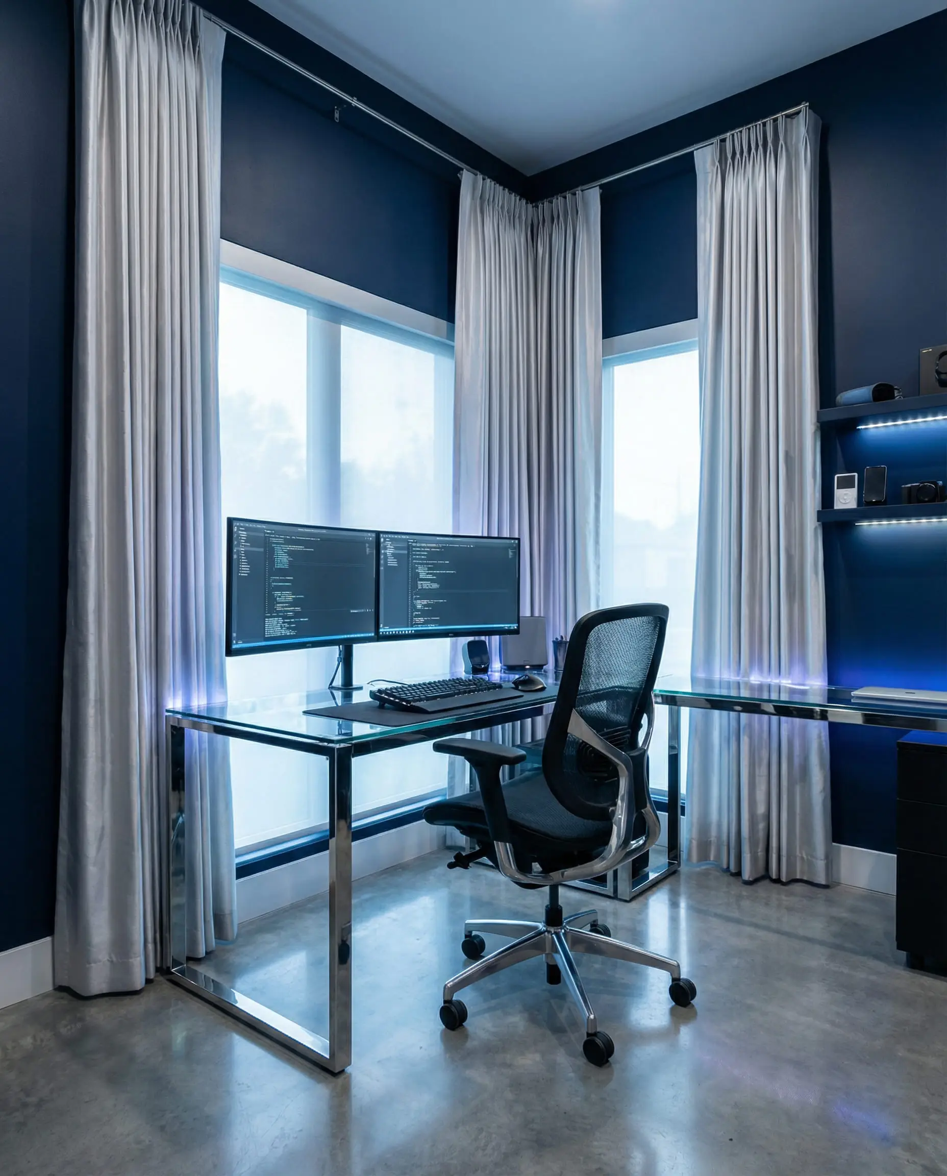 Modern home office with navy blue walls and sleek light gray silk curtains.