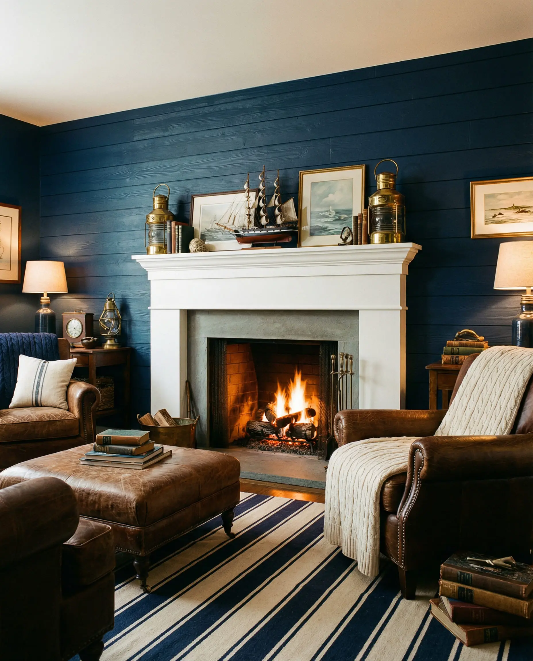 A cozy den featuring horizontal shiplap painted in Navy Blue, contrasting with a white mantel and fireplace surround.