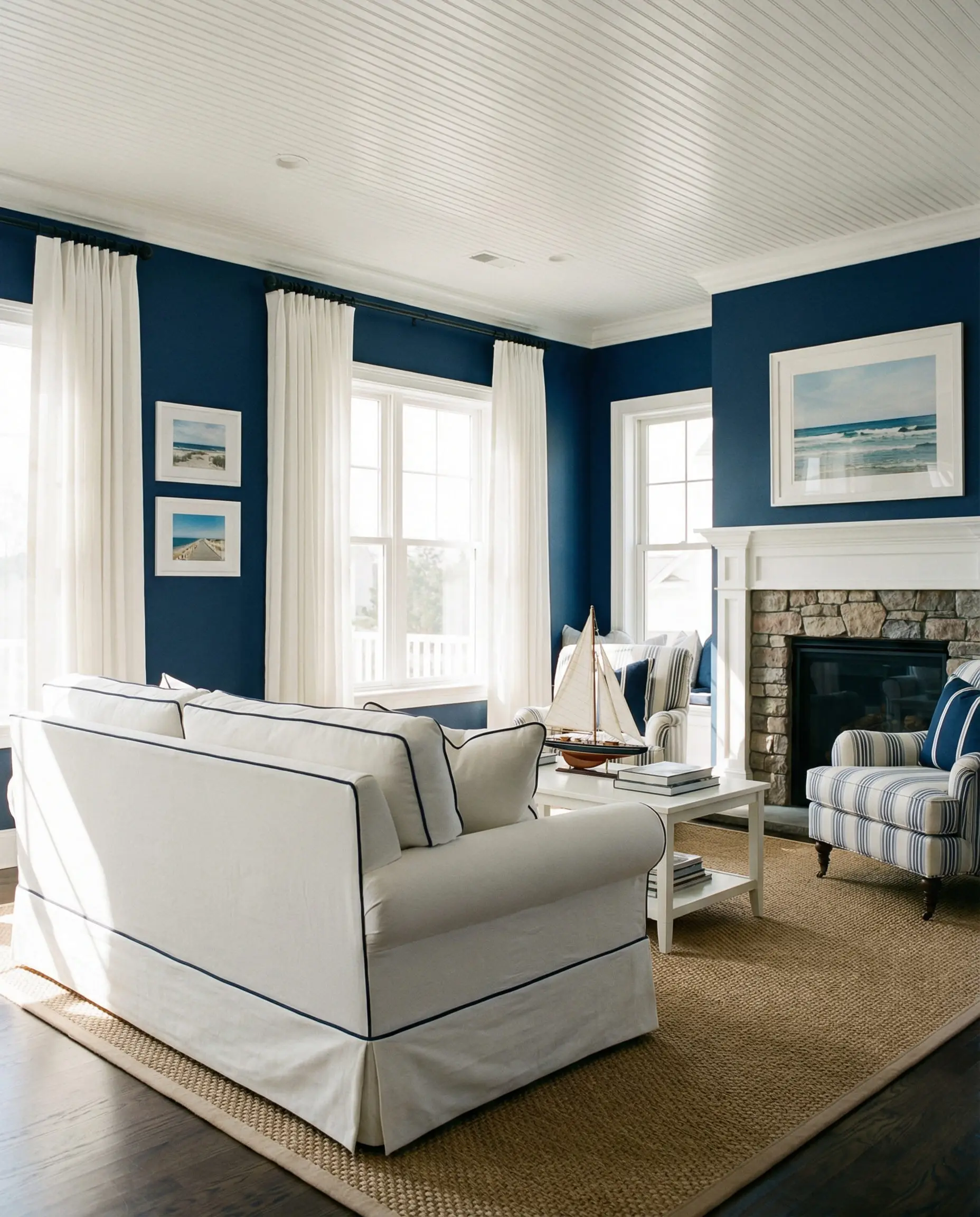Nautical style living room with navy blue walls and crisp white linen curtains.