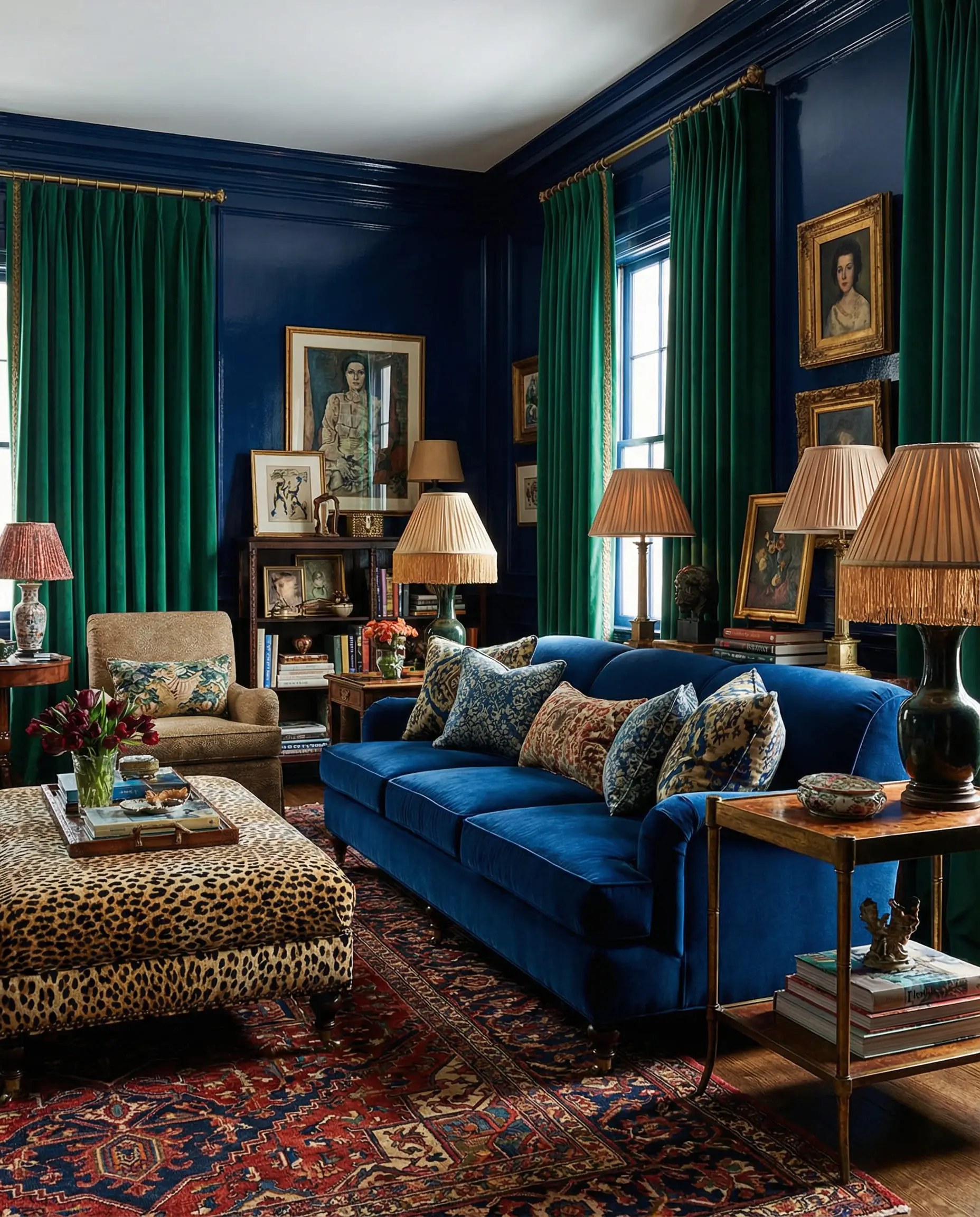 Maximalist living room with navy walls and deep emerald green velvet drapes.