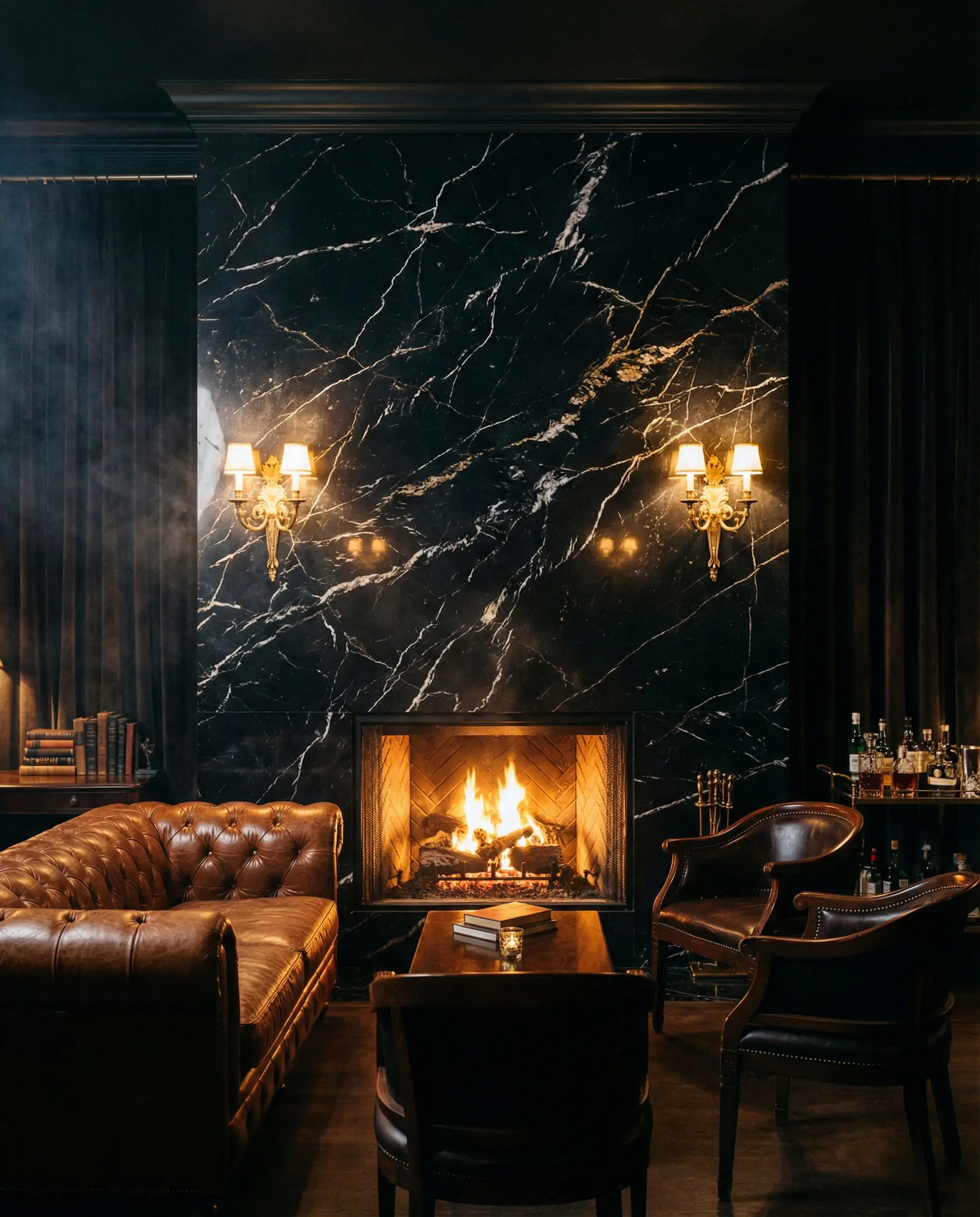 A dramatic Nero Marquina black marble fireplace wall with striking white and gold veins, lit by gold wall sconces.