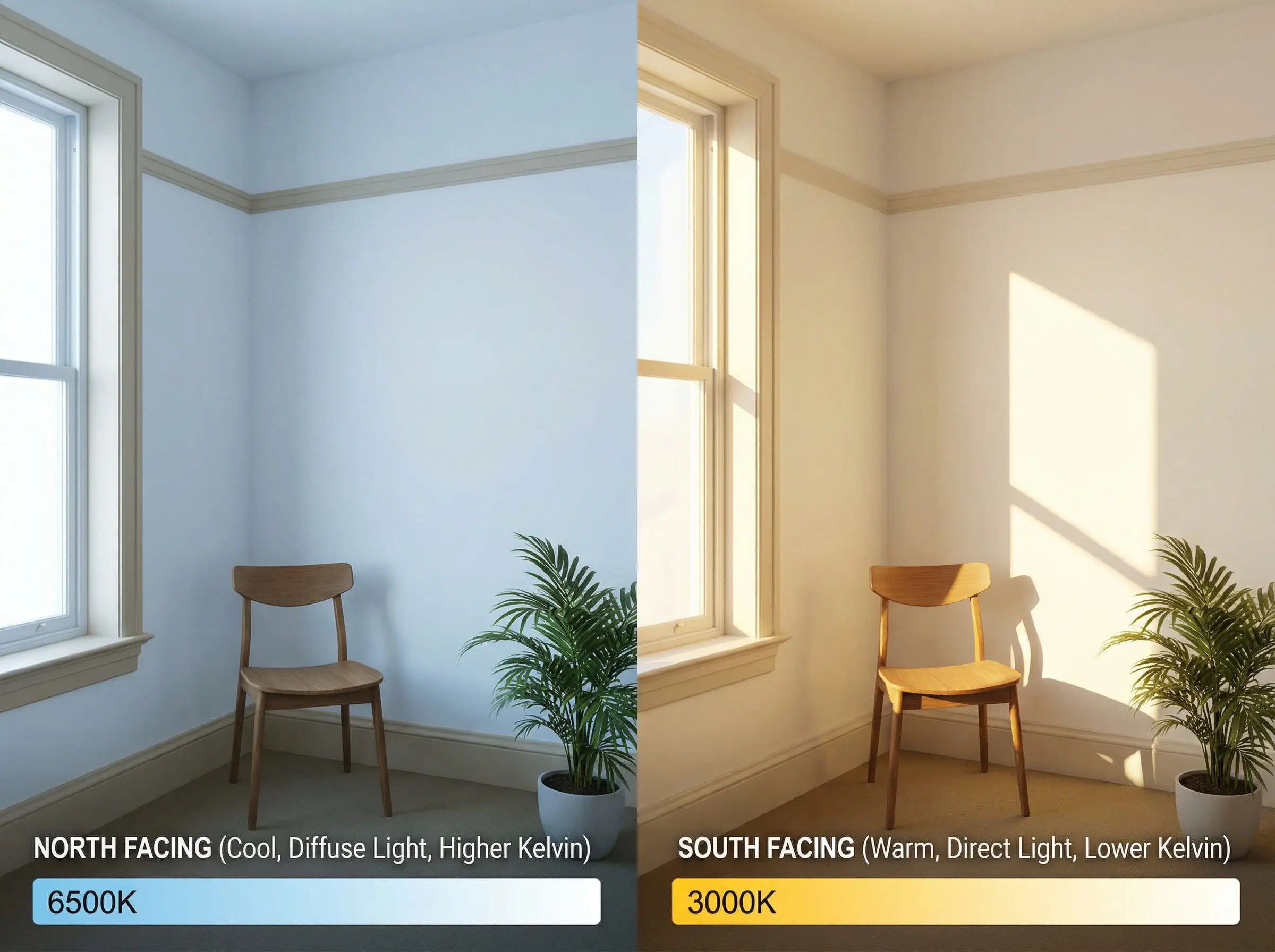 Split image comparing how paint colors look in cool North-facing light versus warm South-facing light.