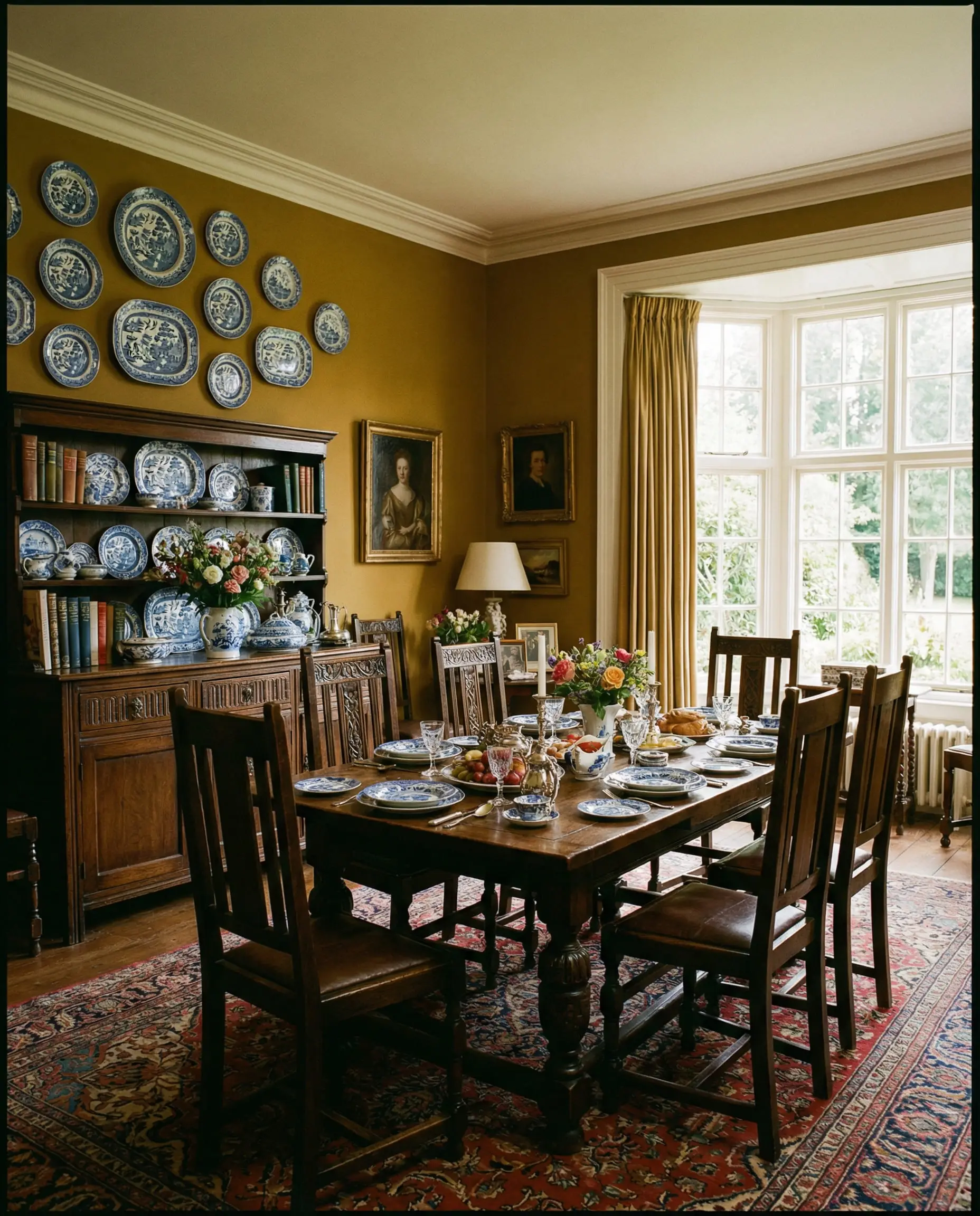 Sophisticated dining room painted in golden ochre yellow with dark antique wood furniture and blue porcelain plates.