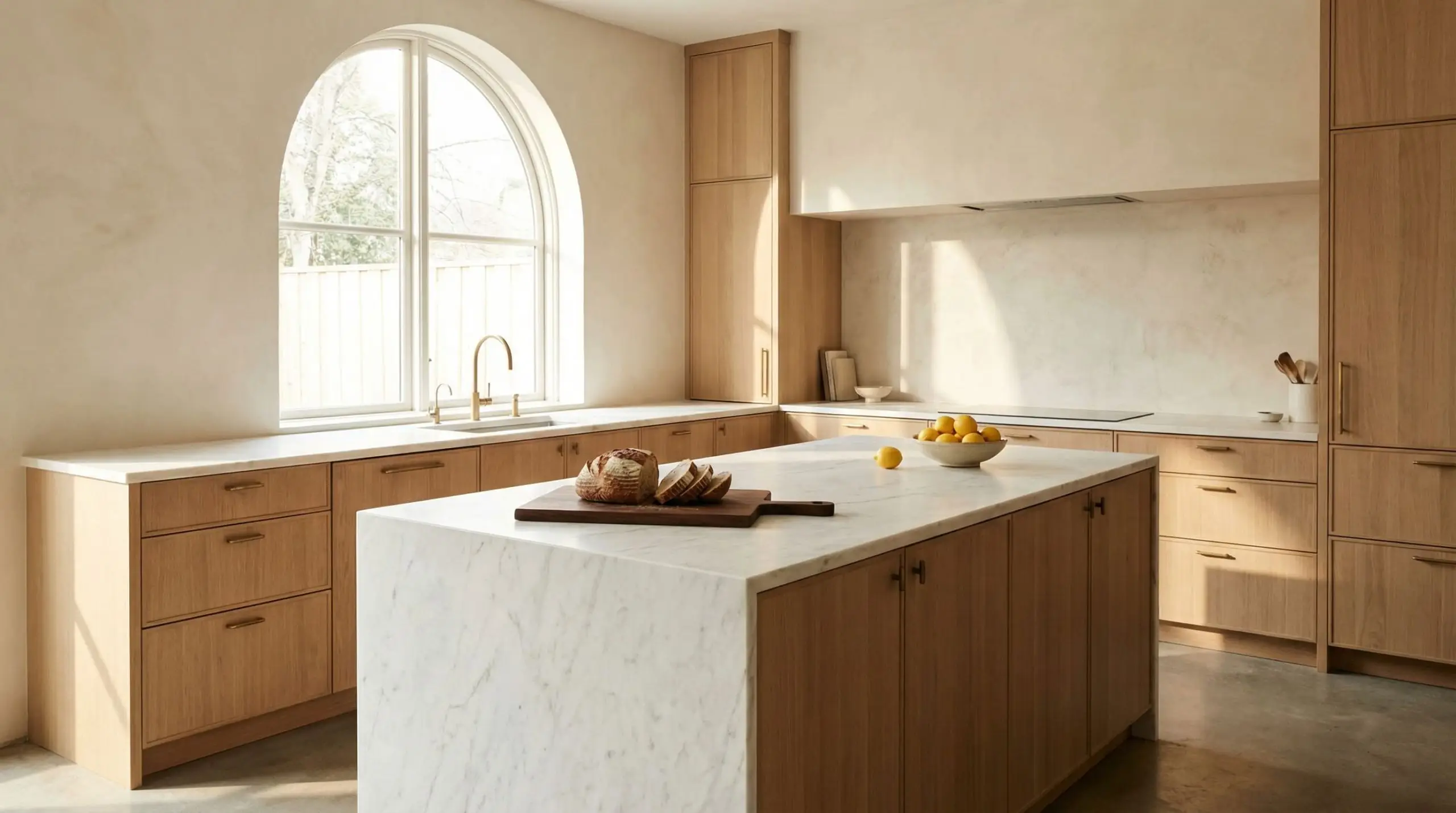 Smooth off-white textured wall paint coats the backsplash of a modern organic kitchen featuring rift-sawn oak cabinetry and a marble waterfall island.