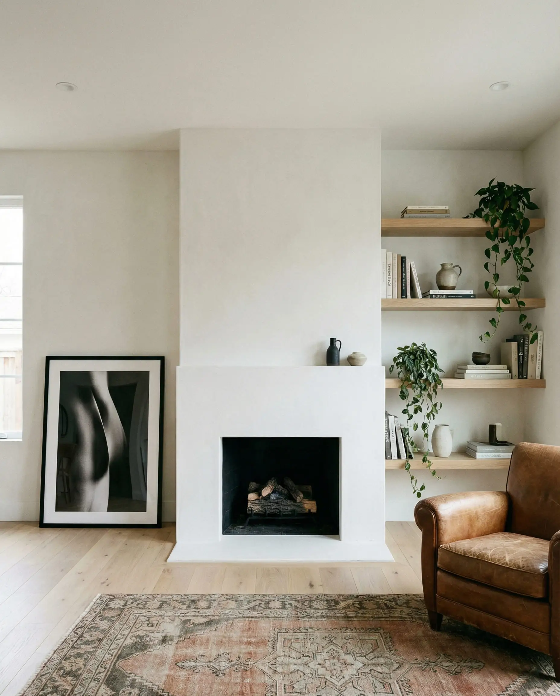 A modern fireplace wall with the fire centered and open floating shelves on only one side for an asymmetrical look.