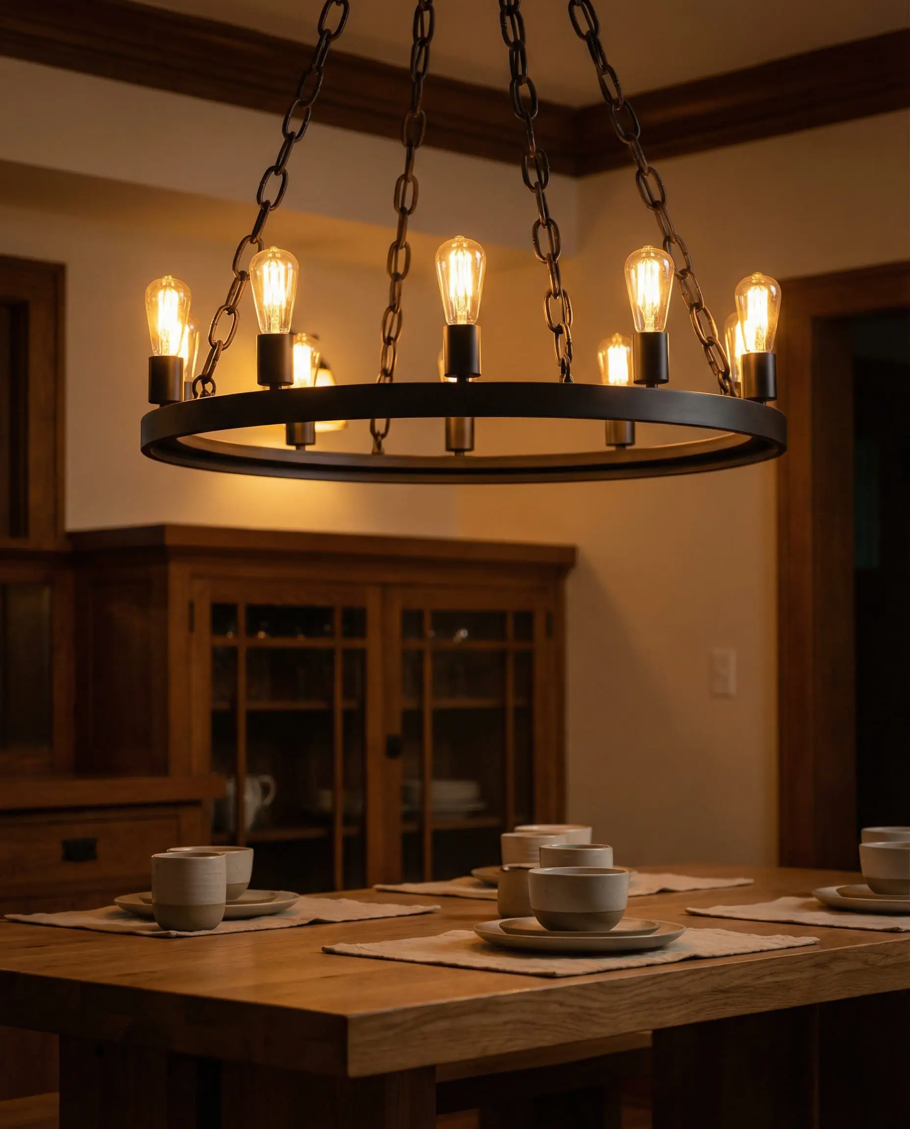 Modern wagon wheel chandelier in oil-rubbed bronze with Edison bulbs hanging in a dining room.