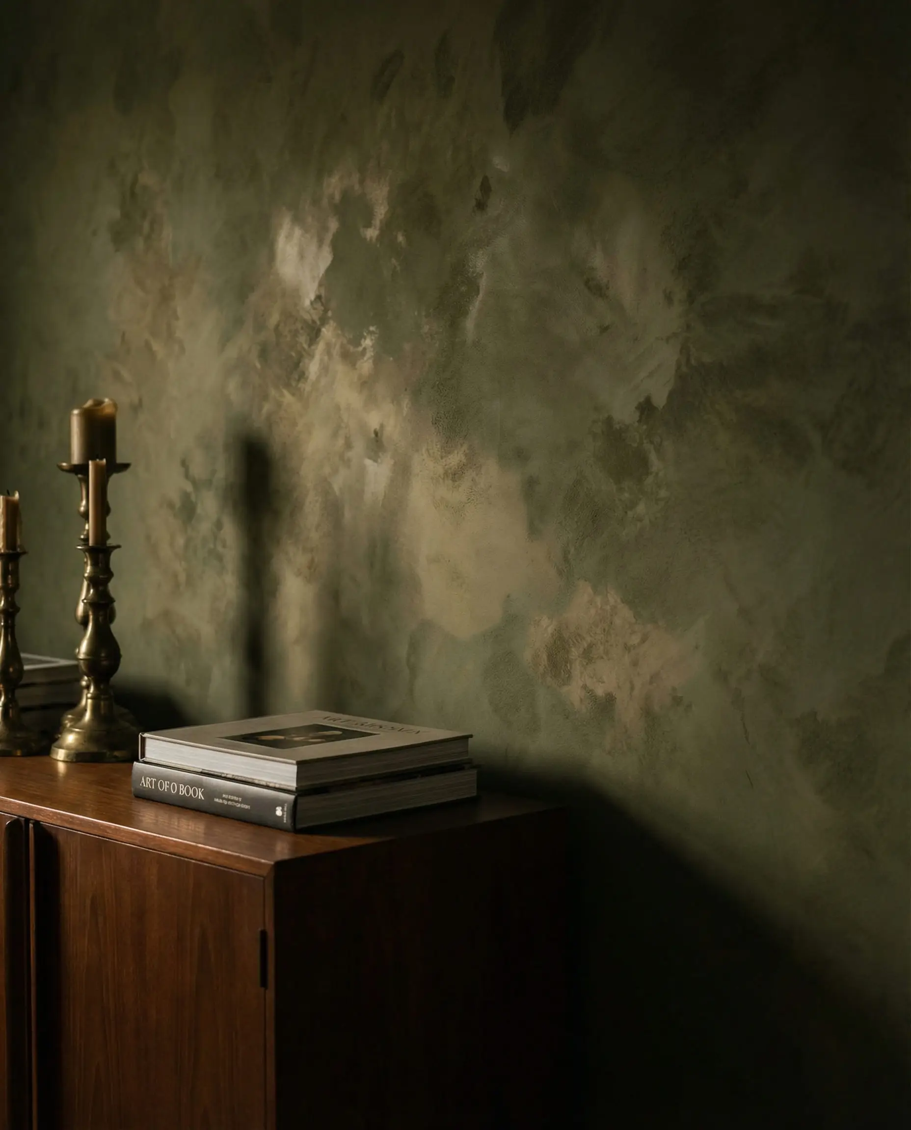 Moody dining room with Mediterranean olive green Roman Clay plaster walls and vintage mid-century teak furniture.