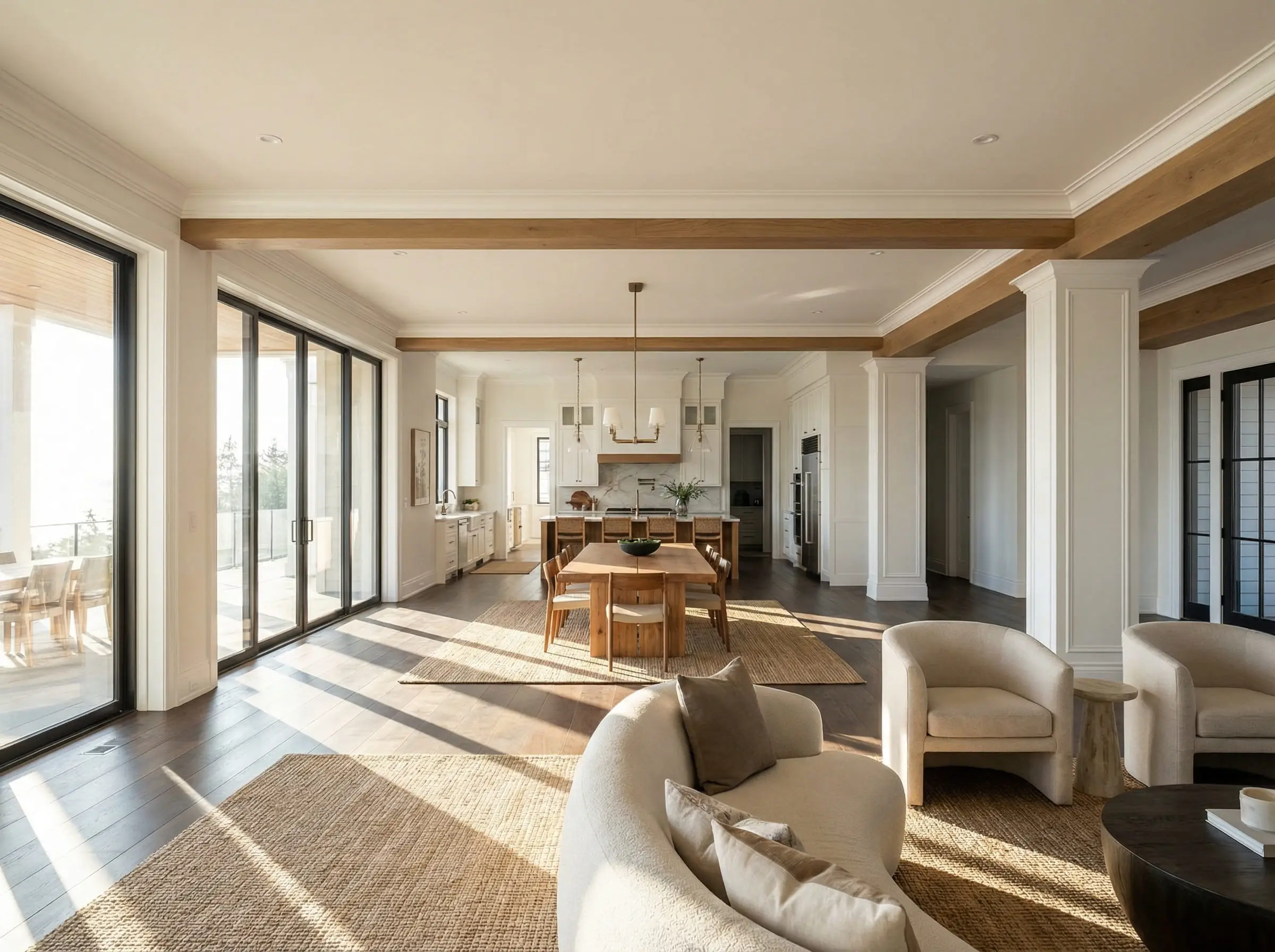 Wide-angle shot of a cohesive open-concept home where the same crown molding design connects the living room, dining area, and kitchen.