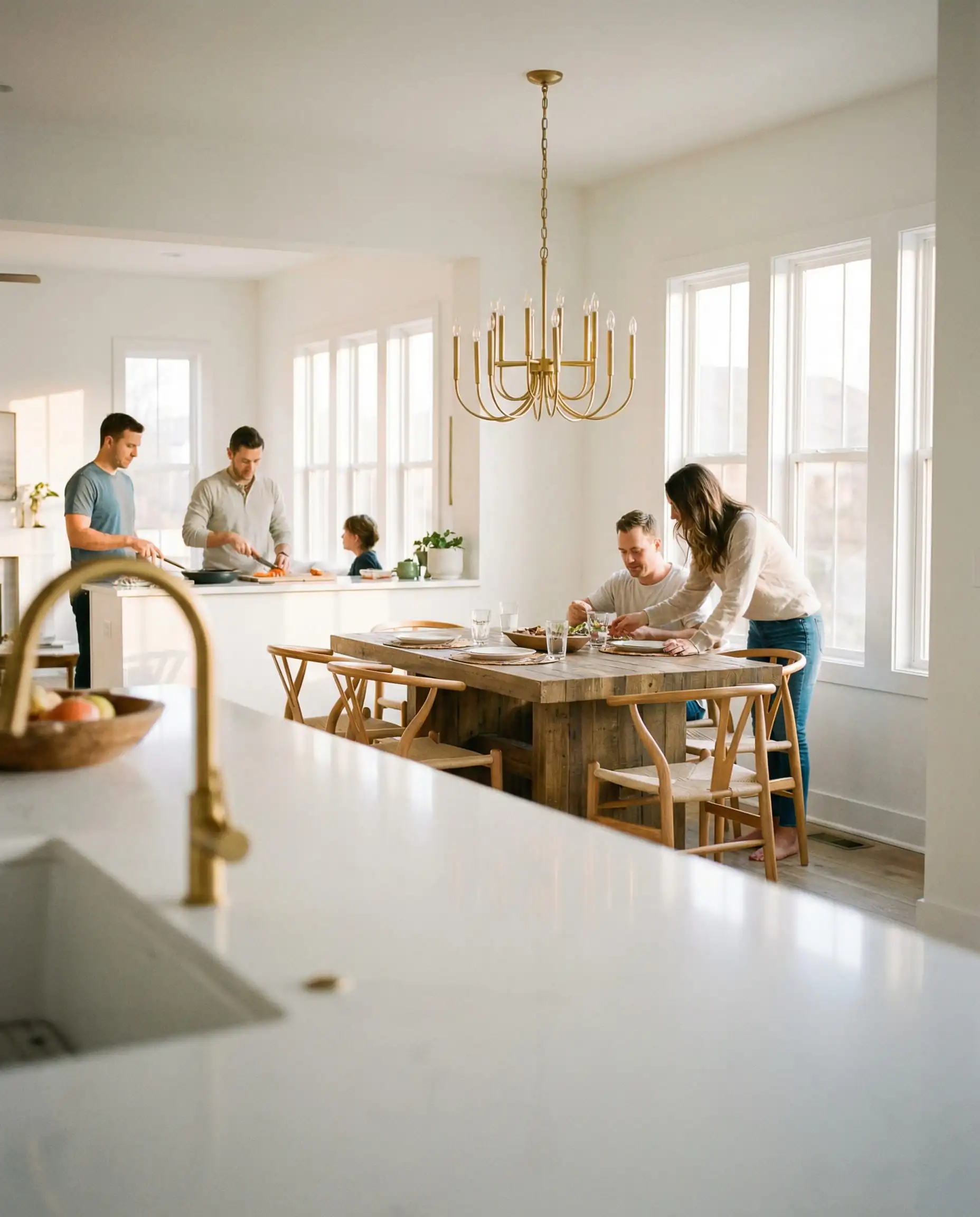 View from white kitchen island to rustic dining table with gold chandelier.