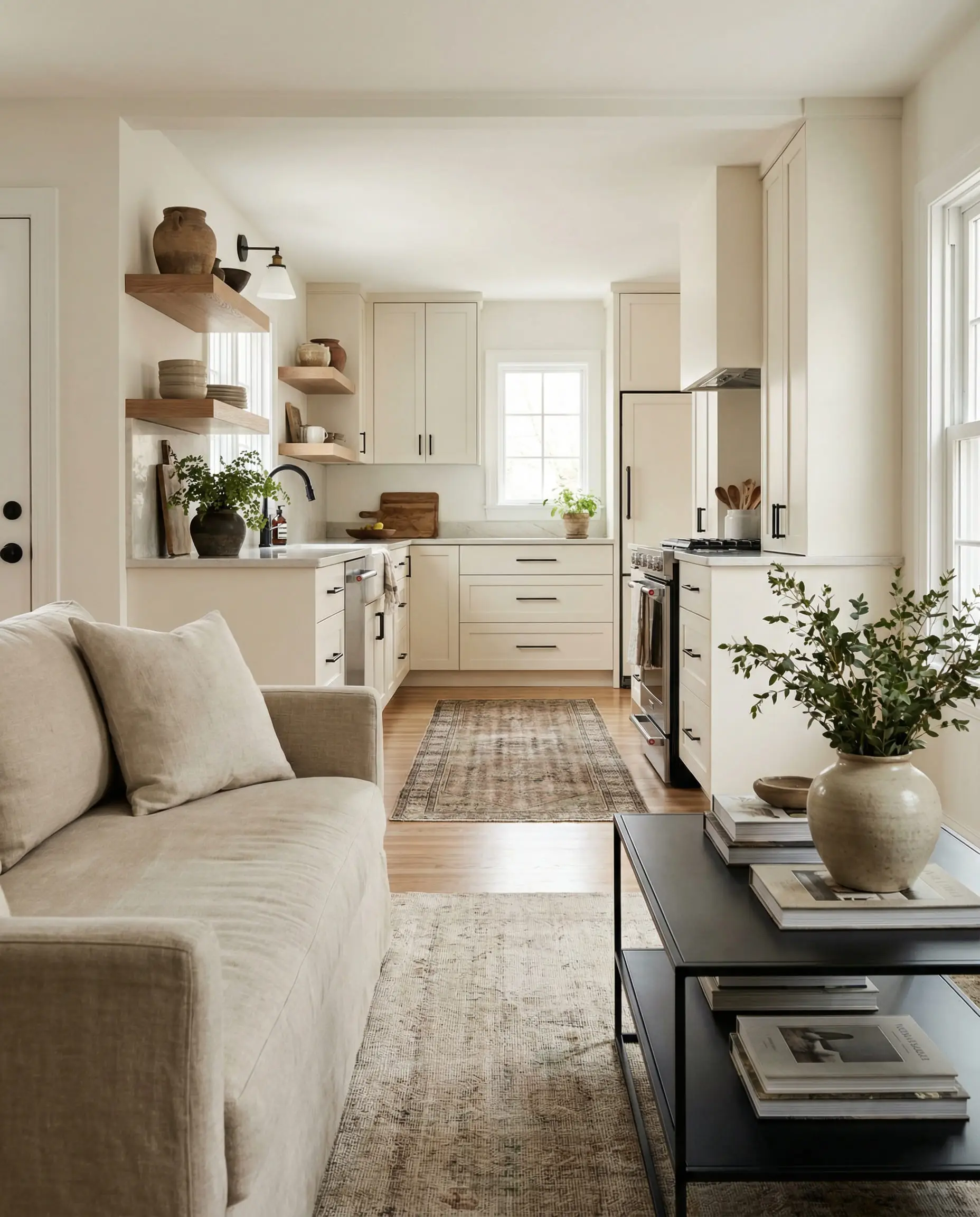 View from the living room into an open-concept kitchen with cohesive white cabinets, black hardware, and wood shelving.