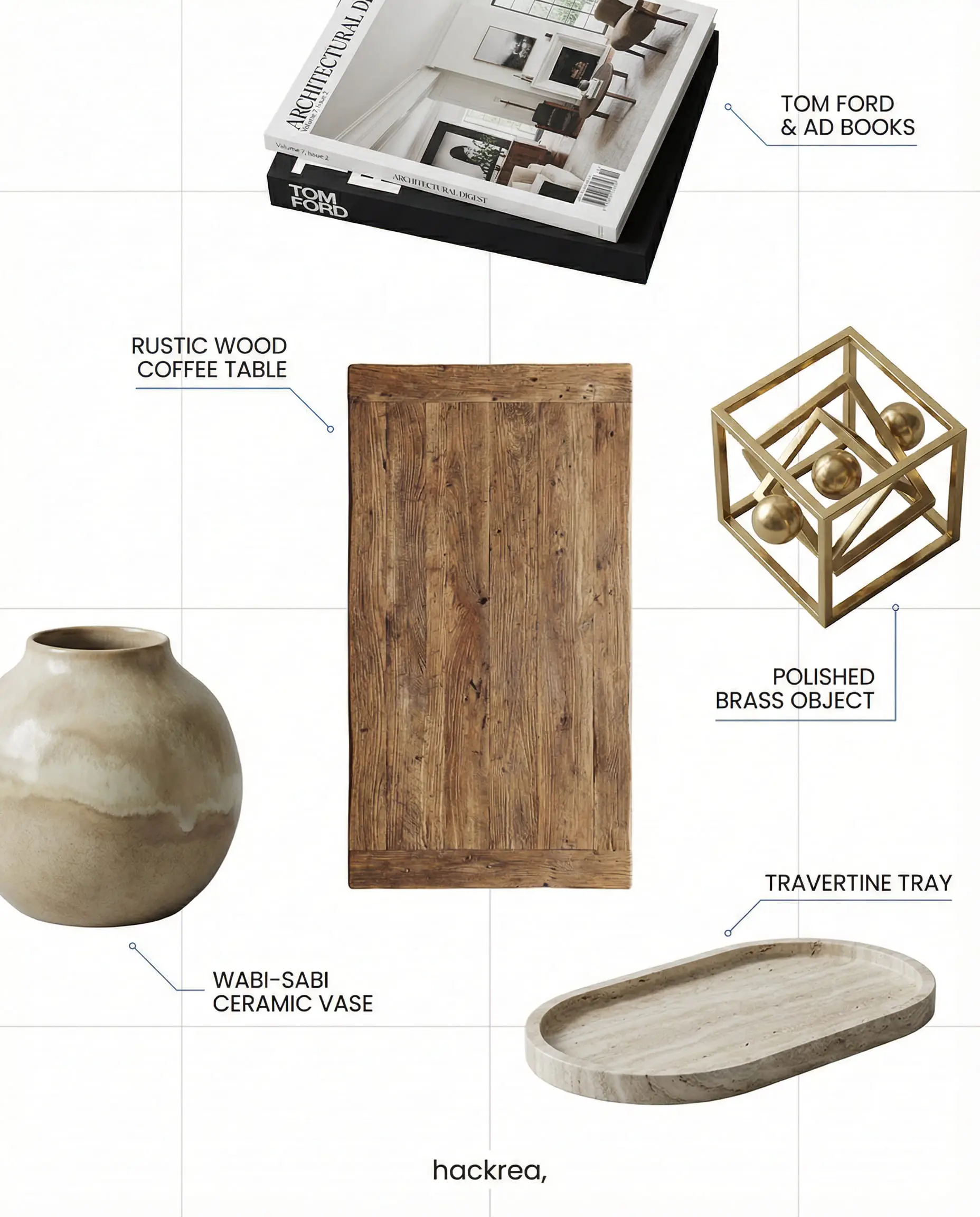 Top-down moodboard of organic modern decor elements including design books, a brass geometric object, and a travertine tray.