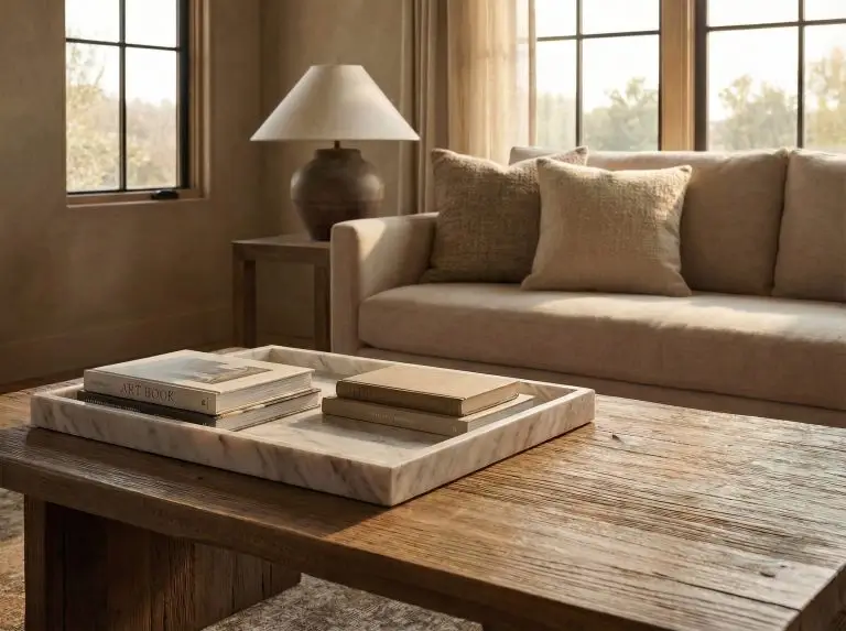 Organic modern decor foundation step showing a rustic wood coffee table layered with a cool marble tray and design books.