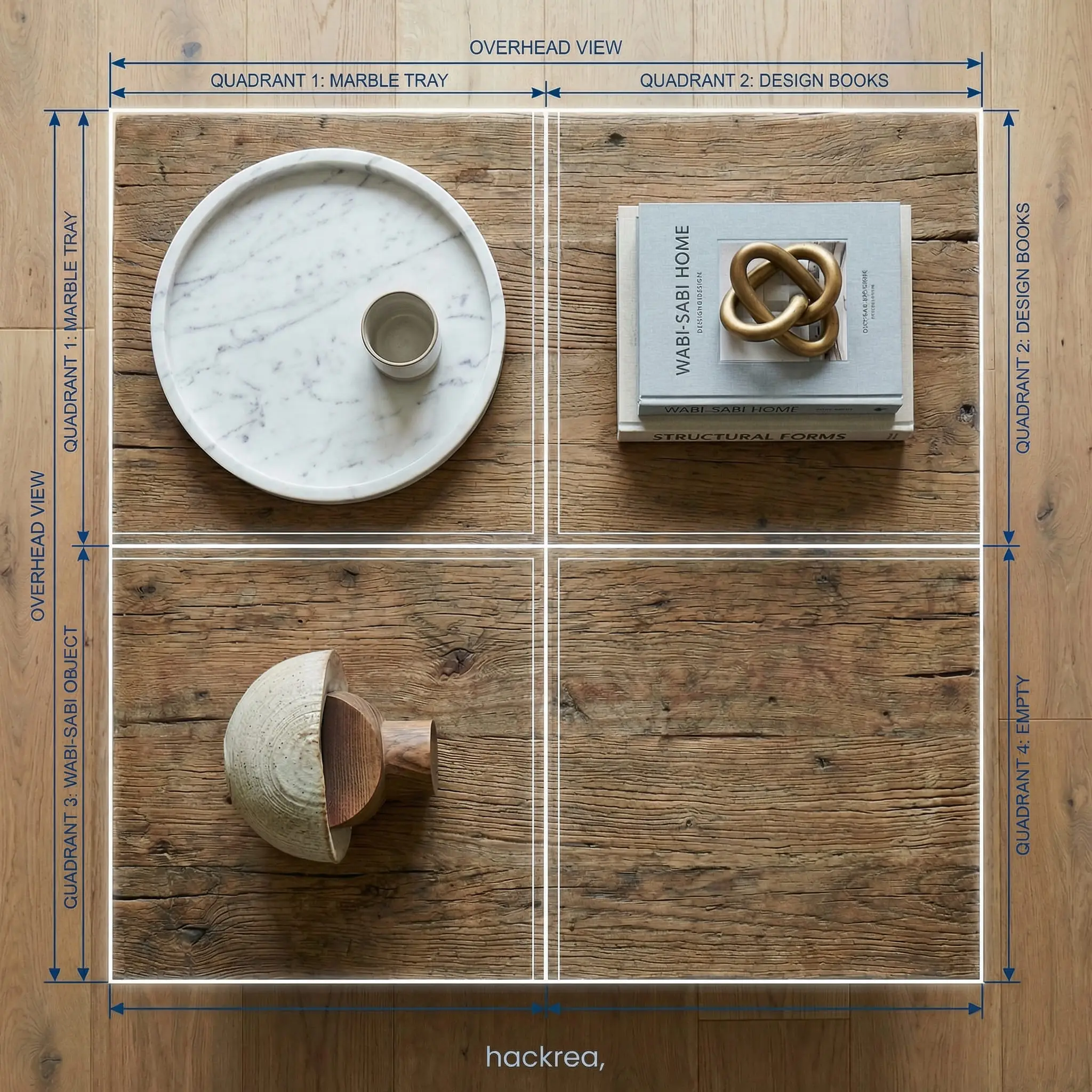 Overhead view of organic modern decor on a square rustic table divided into a grid with a marble tray and design books.