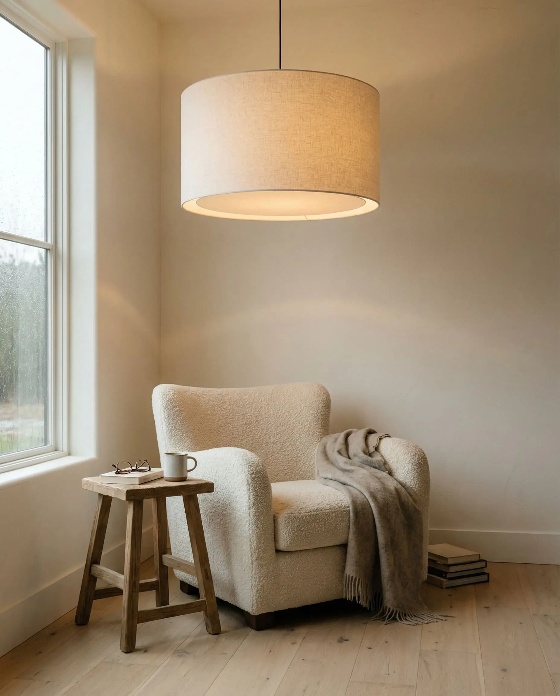 An oversized linen drum pendant light casts a soft glow over a bouclé armchair in this organic modern farmhouse reading nook.