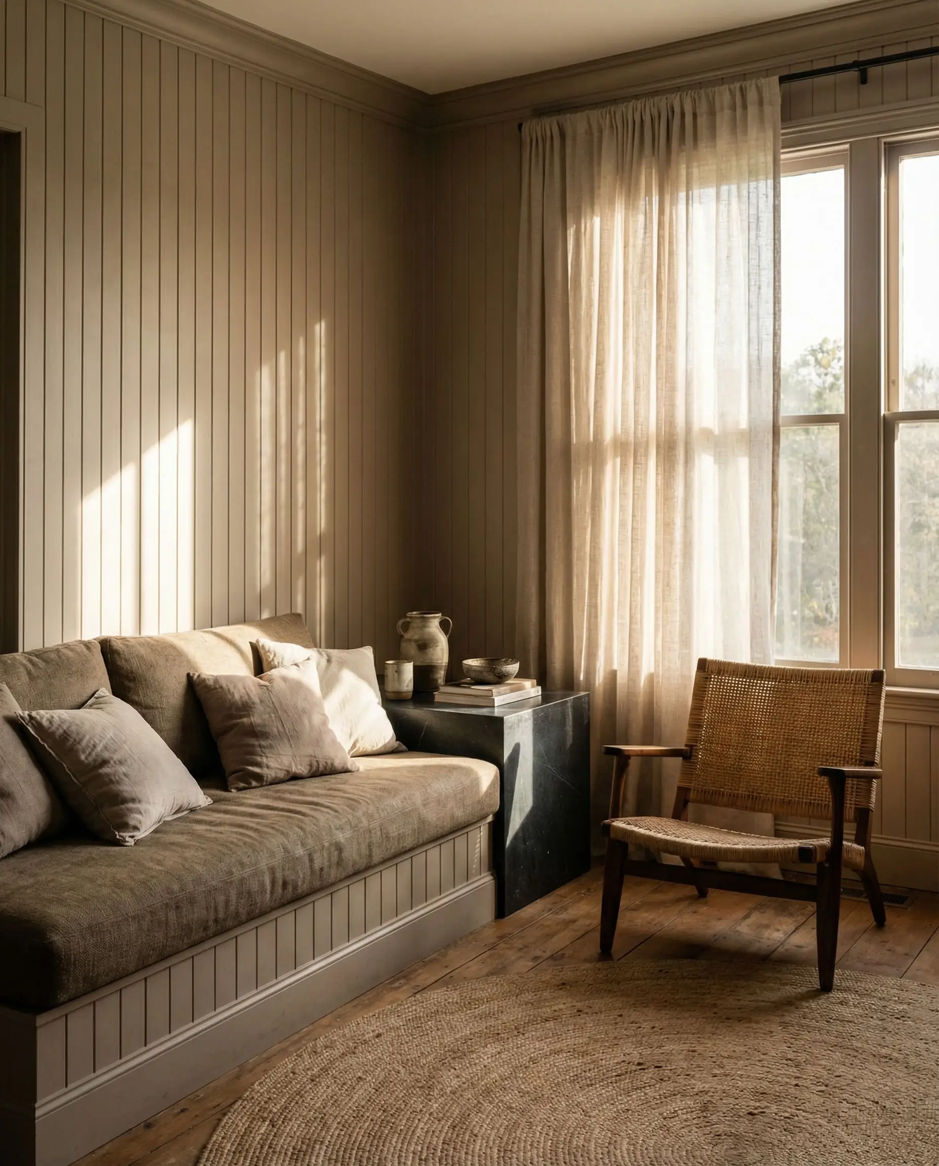 Soft mushroom taupe color-drenched V-groove walls surround deep bench-cushion seating in this organic modern farmhouse space.