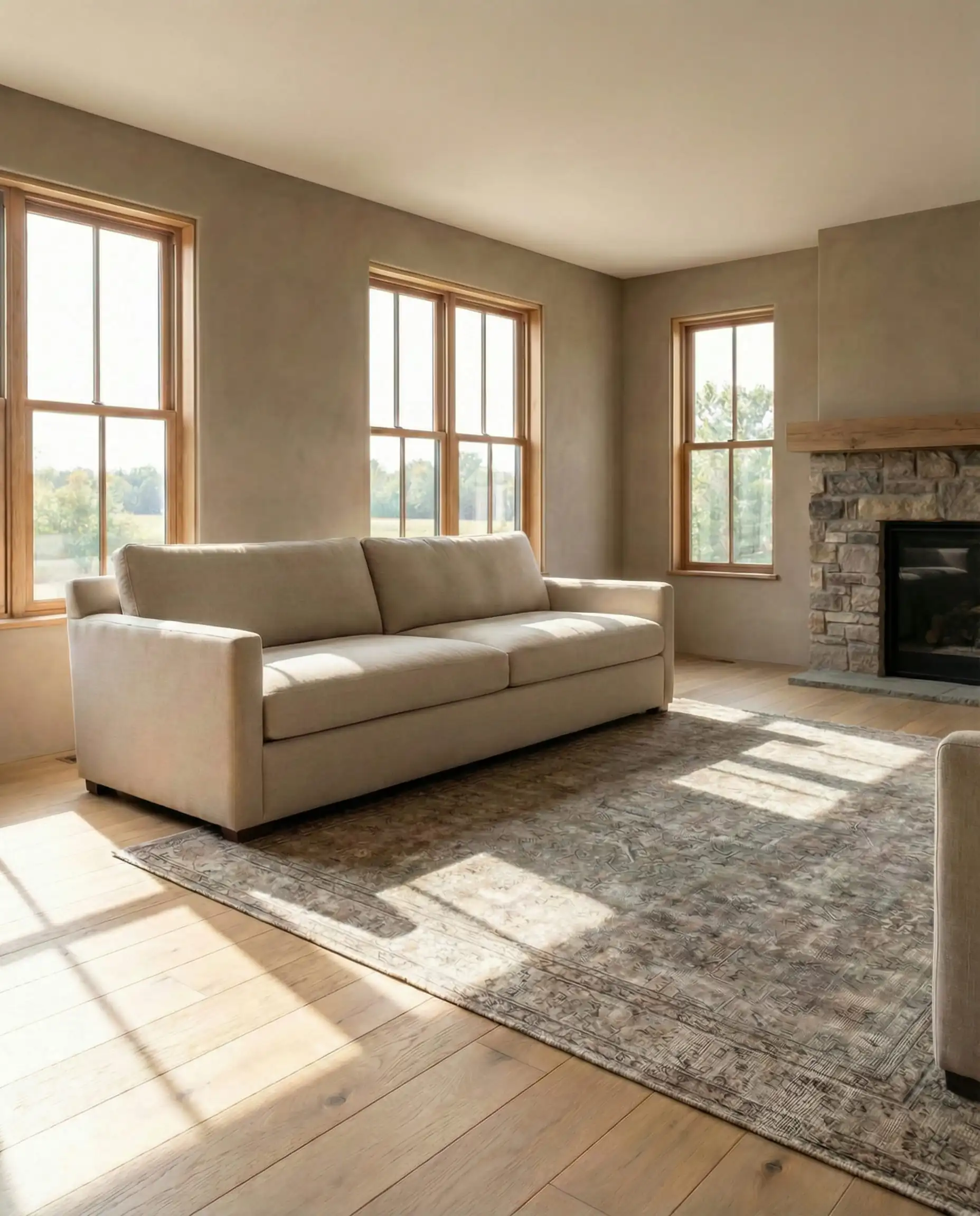 A vintage Turkish Oushak rug anchors a clean-lined neutral sofa to build a foundation for an organic modern farmhouse space.