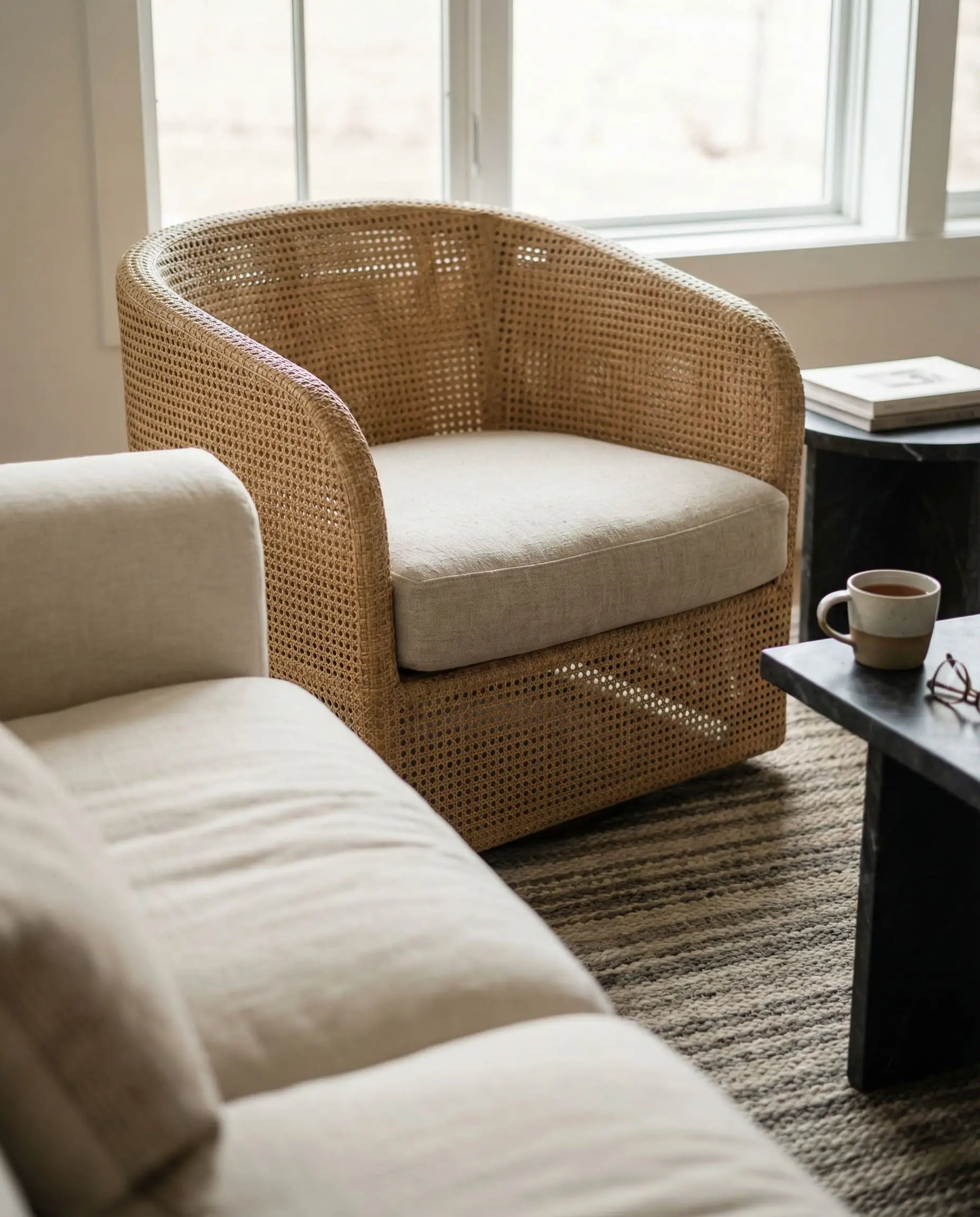 A structured woven cane accent chair with a linen cushion pairs perfectly with a plush sofa in this organic modern farmhouse.