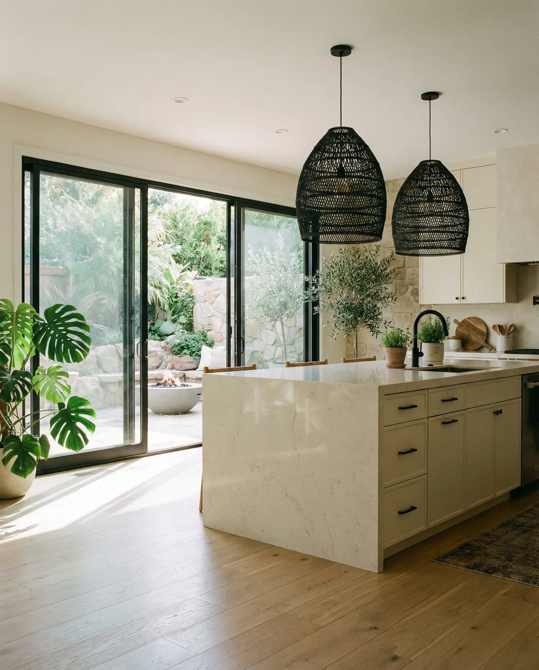 Wide atmospheric shot of an organic modern kitchen with white oak floors, black woven pendants, and creamy white cabinets.