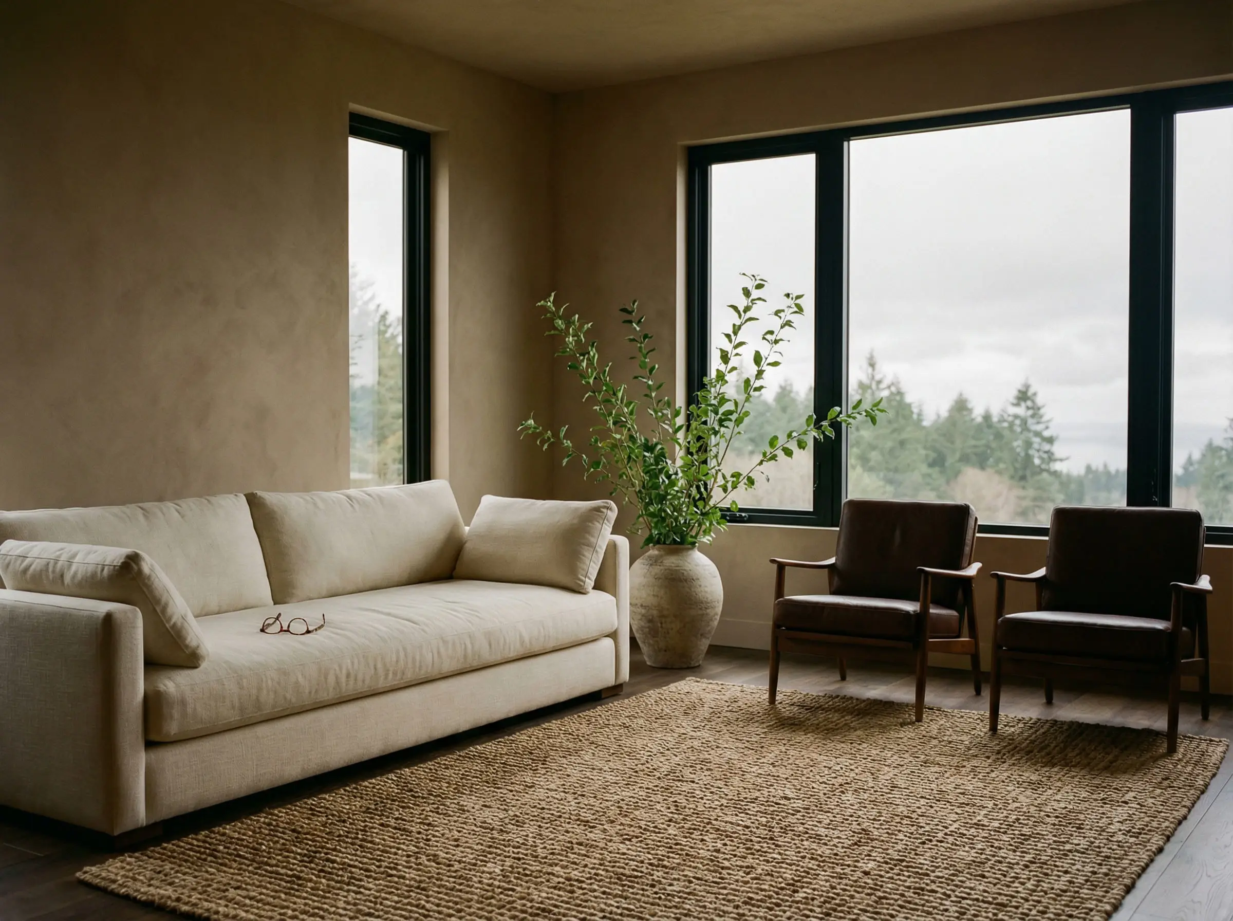 An organic modern living room features a slipcovered linen sofa, leather accent chairs, a chunky jute rug, and a ceramic vase holding tall foraged branches.